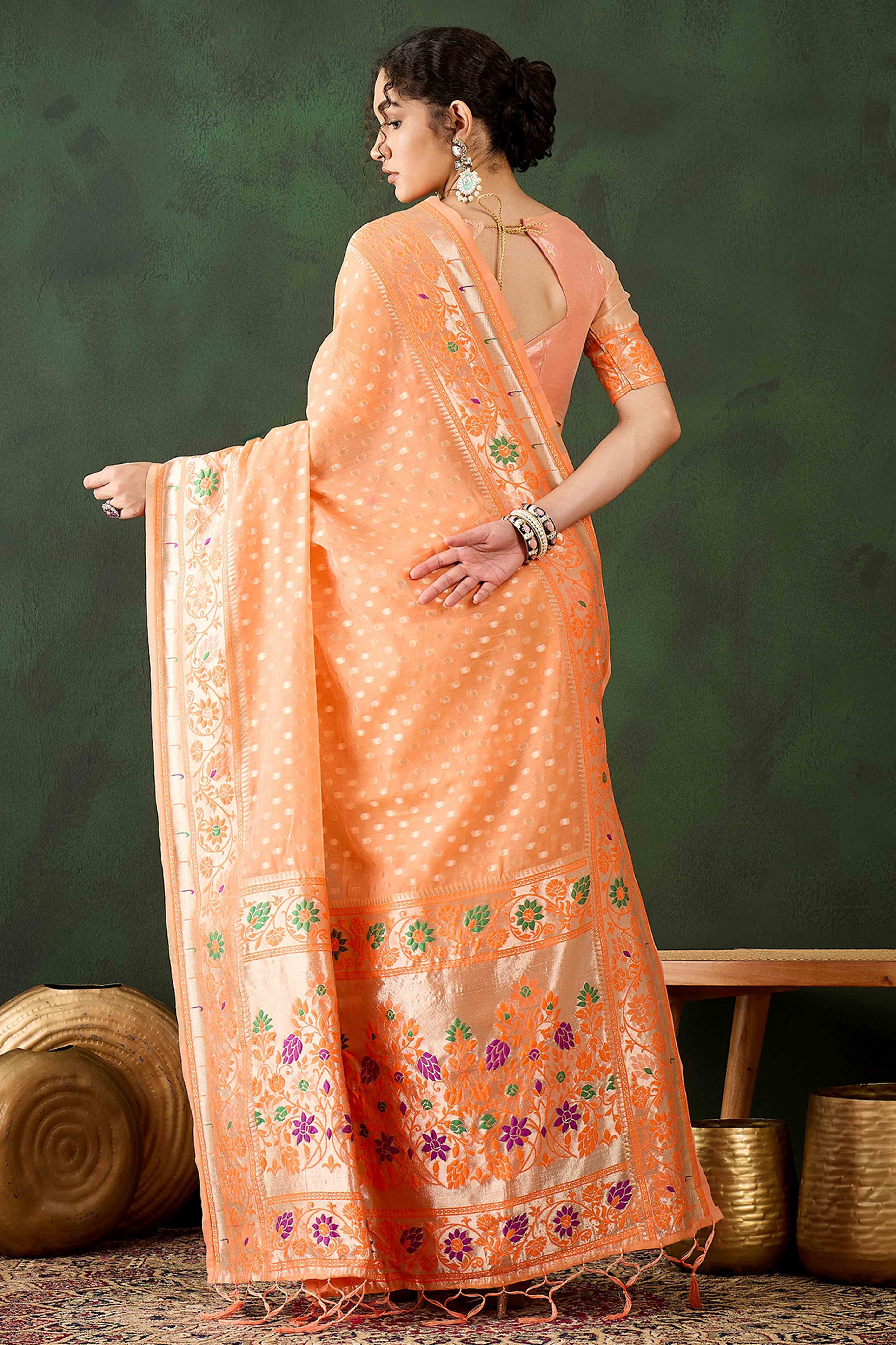 Orange Floral Zari Weaving On Orange Poly Cotton Saree With Tasselled Borders