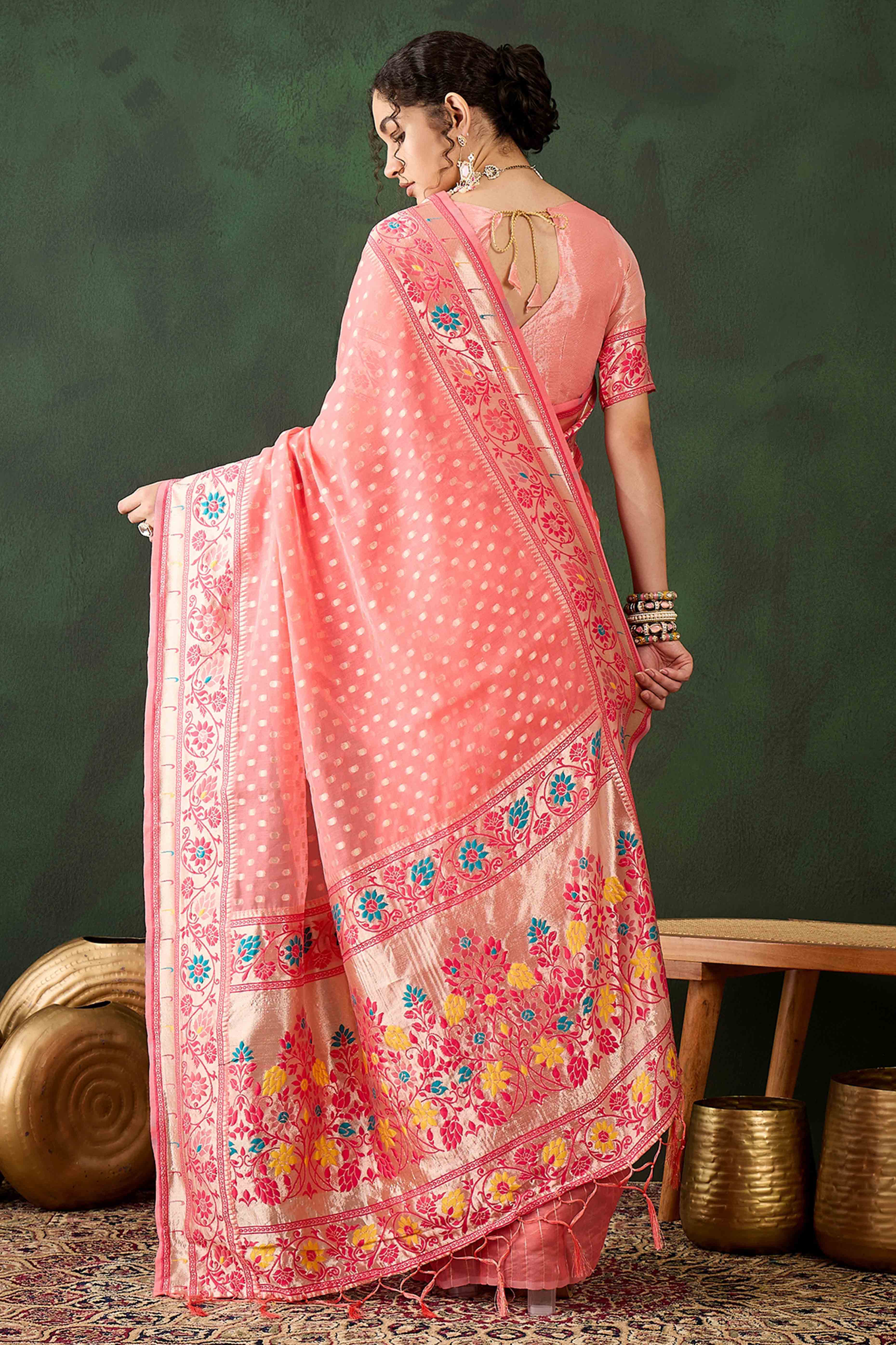 Peach Floral Zari Weaving On Orange Poly Cotton Saree With Tasselled Borders