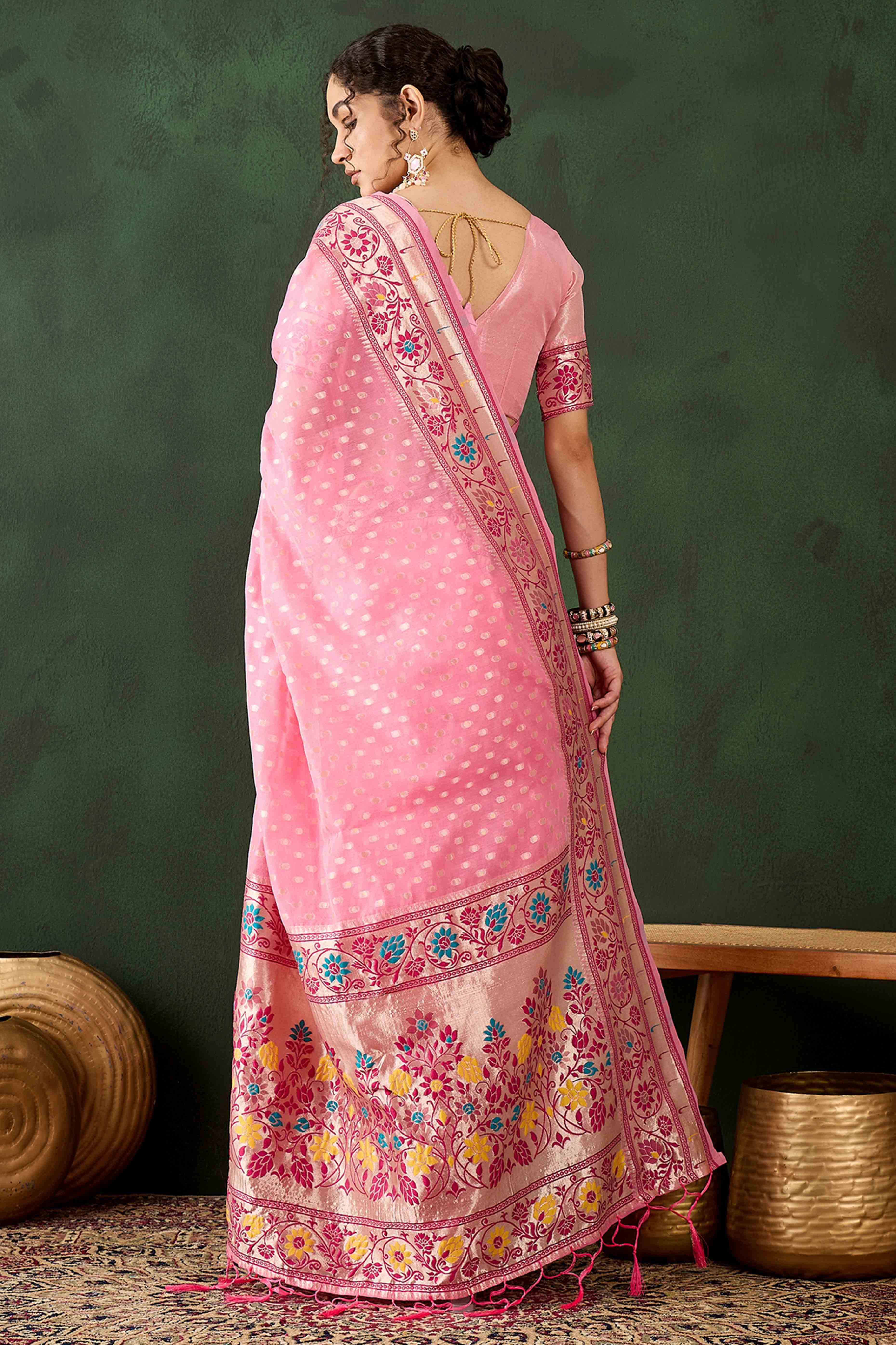 Pink Floral Zari Weaving On Orange Poly Cotton Saree With Tasselled Borders