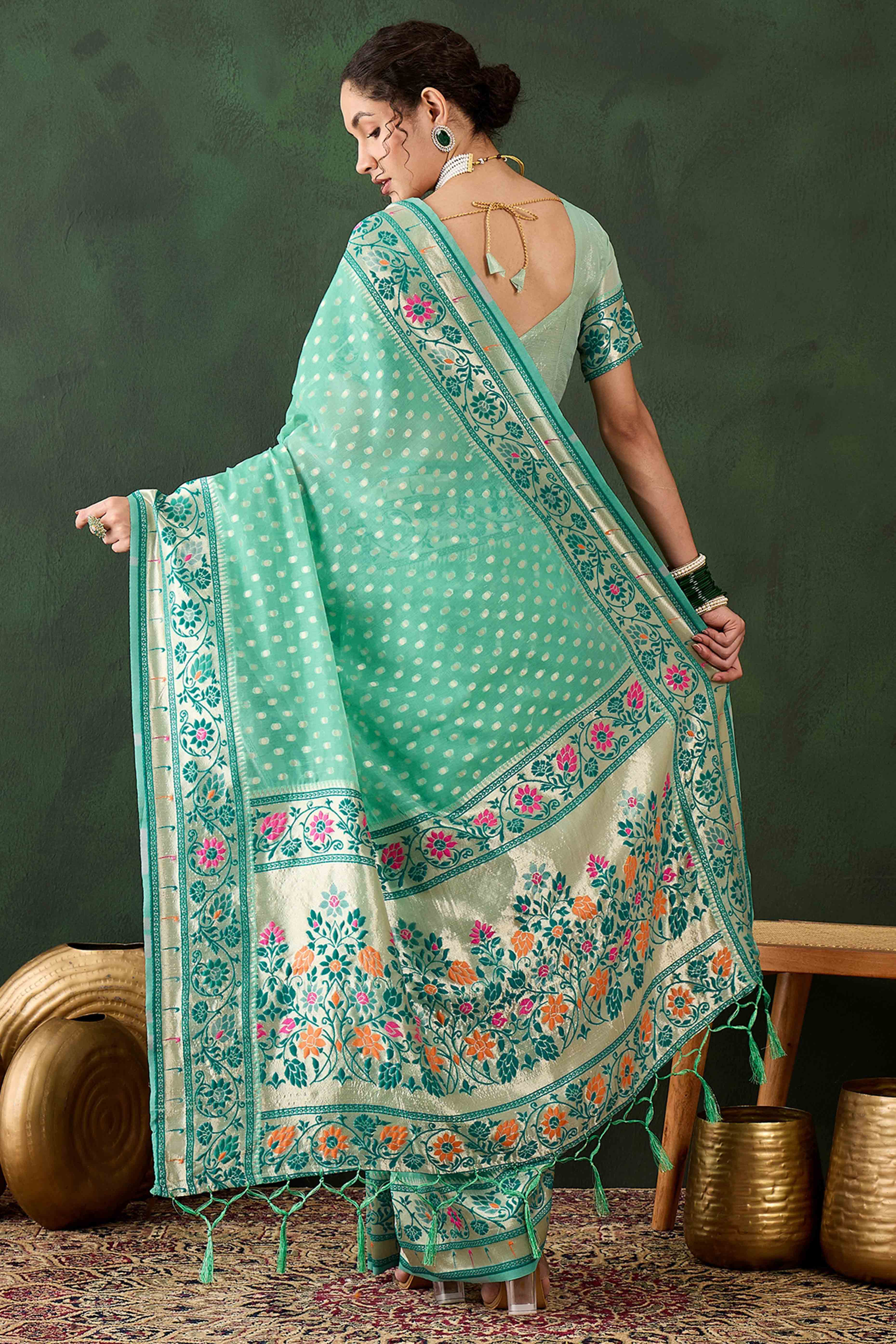 Sea Green Floral Zari Weaving On Orange Poly Cotton Saree With Tasselled Borders