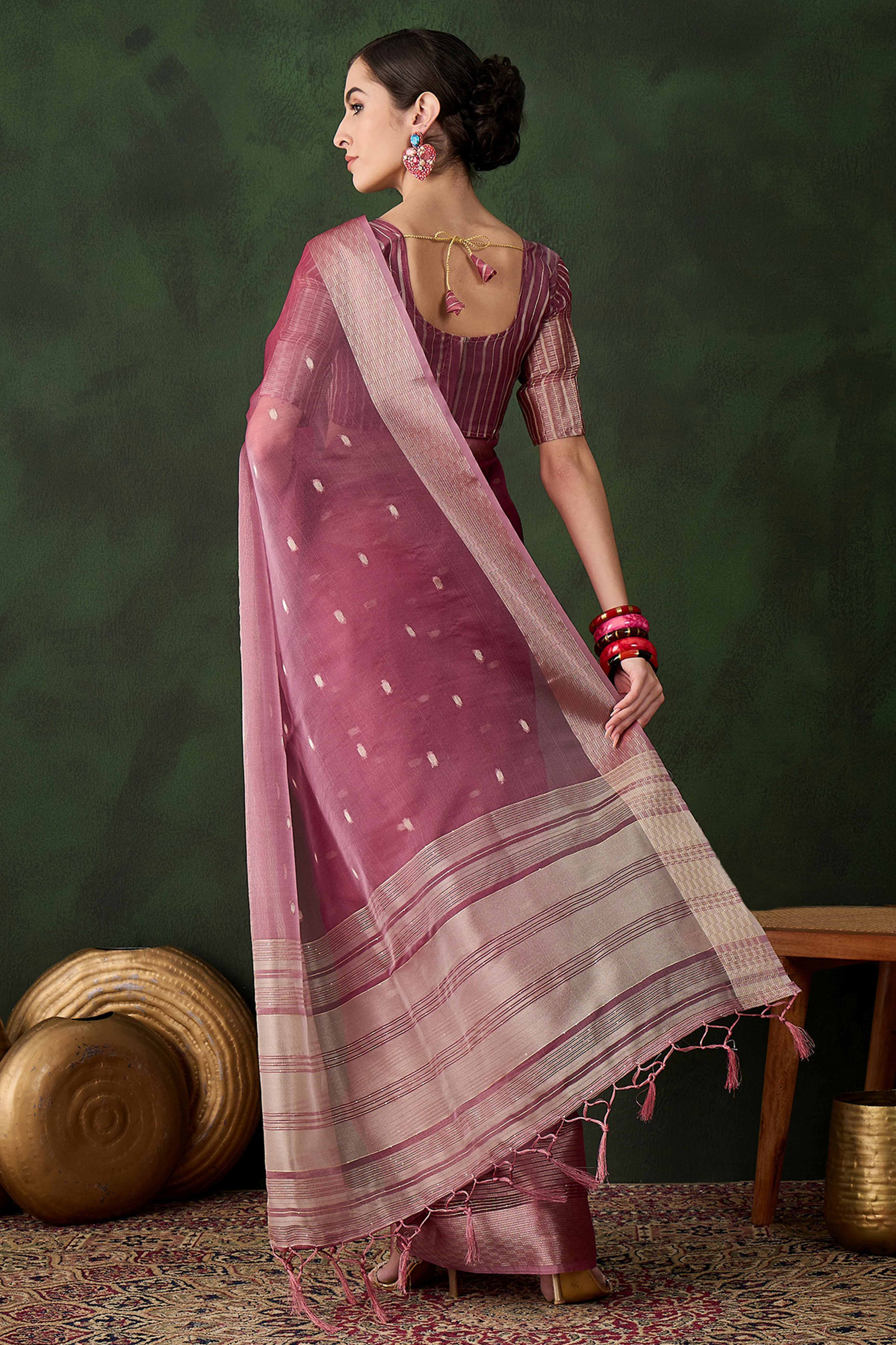 Magenta Woven Khadi Organza Saree Embellished With Shimmering Sequins Work