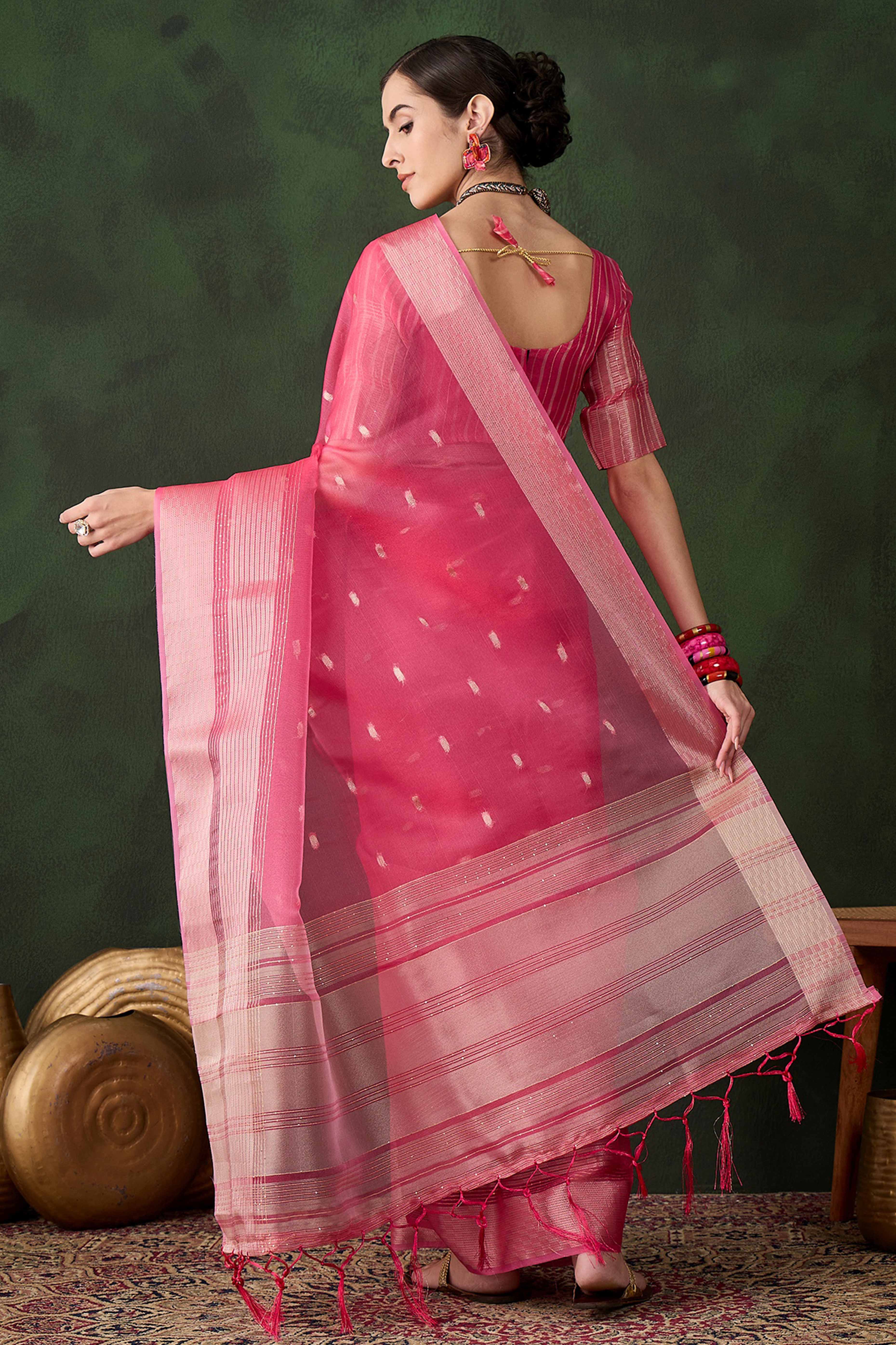 Pink Woven Khadi Organza Saree Embellished With Shimmering Sequins Work