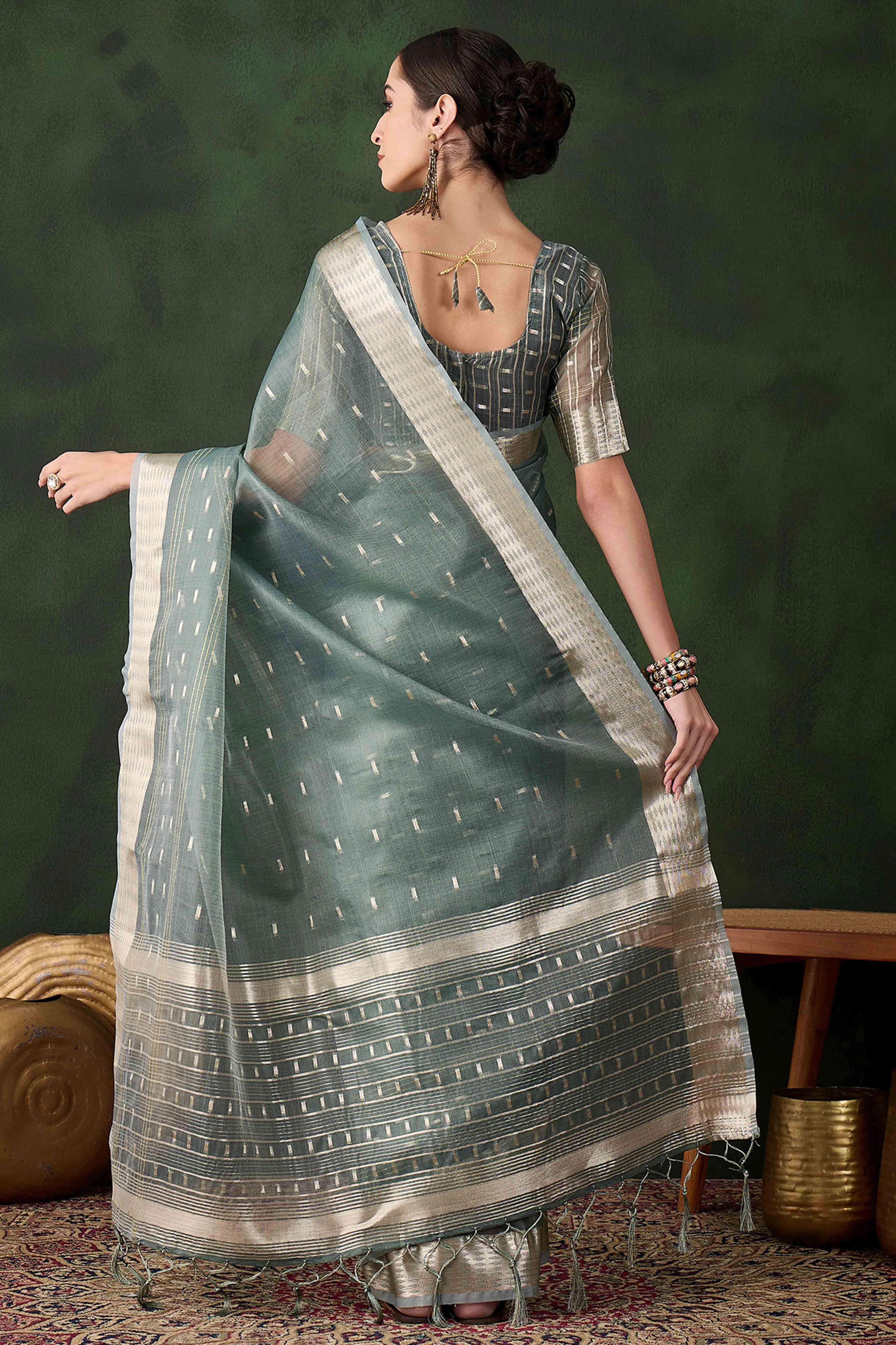 Green Saree With Fine Zari Weaving on Khadi Organza and Tassel Detailing Pallu