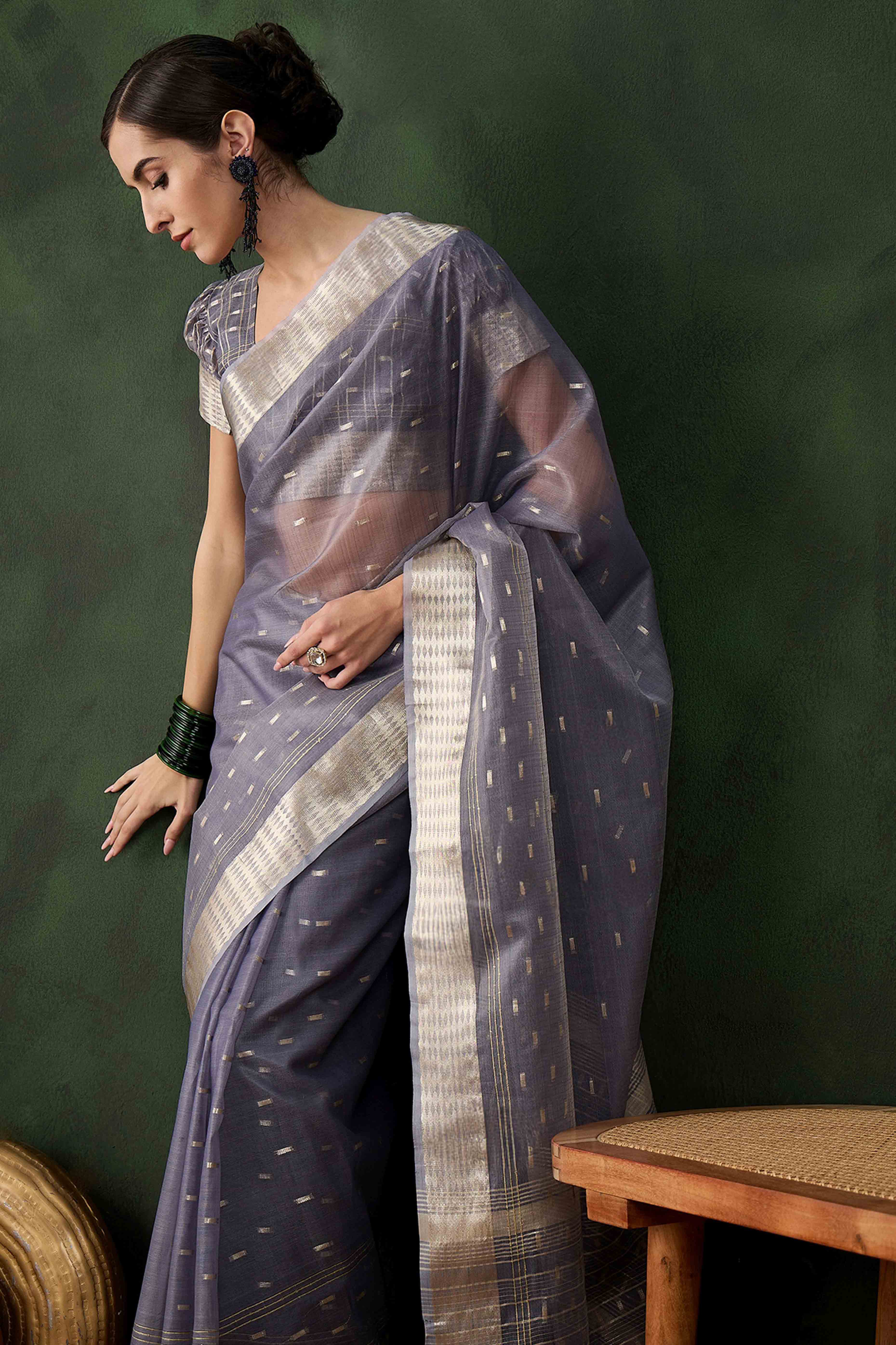 Grey Saree With Fine Zari Weaving on Khadi Organza and Tassel Detailing Pallu