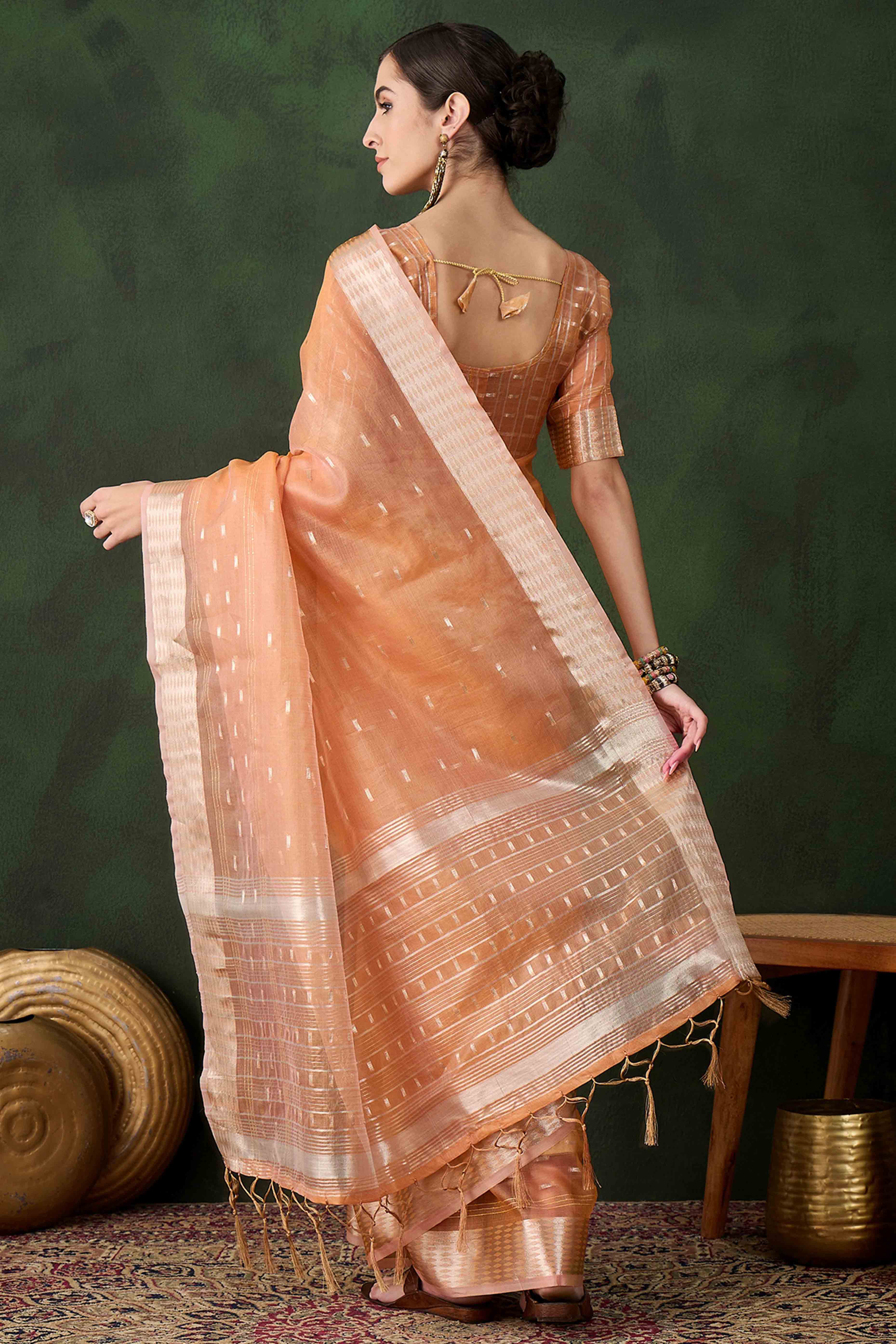 Orange Saree With Fine Zari Weaving on Khadi Organza and Tassel Detailing Pallu