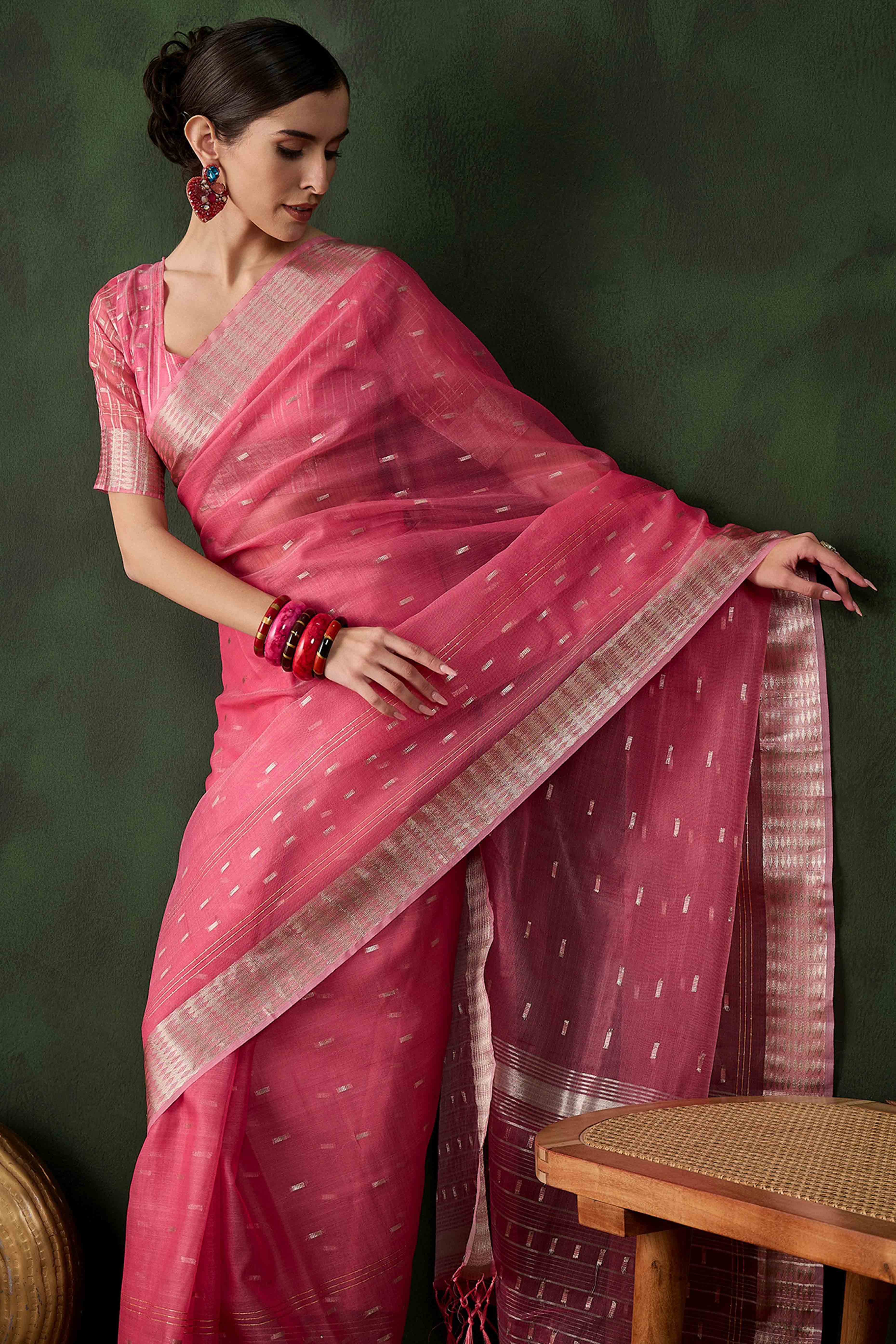 Pink Saree With Fine Zari Weaving on Khadi Organza and Tassel Detailing Pallu
