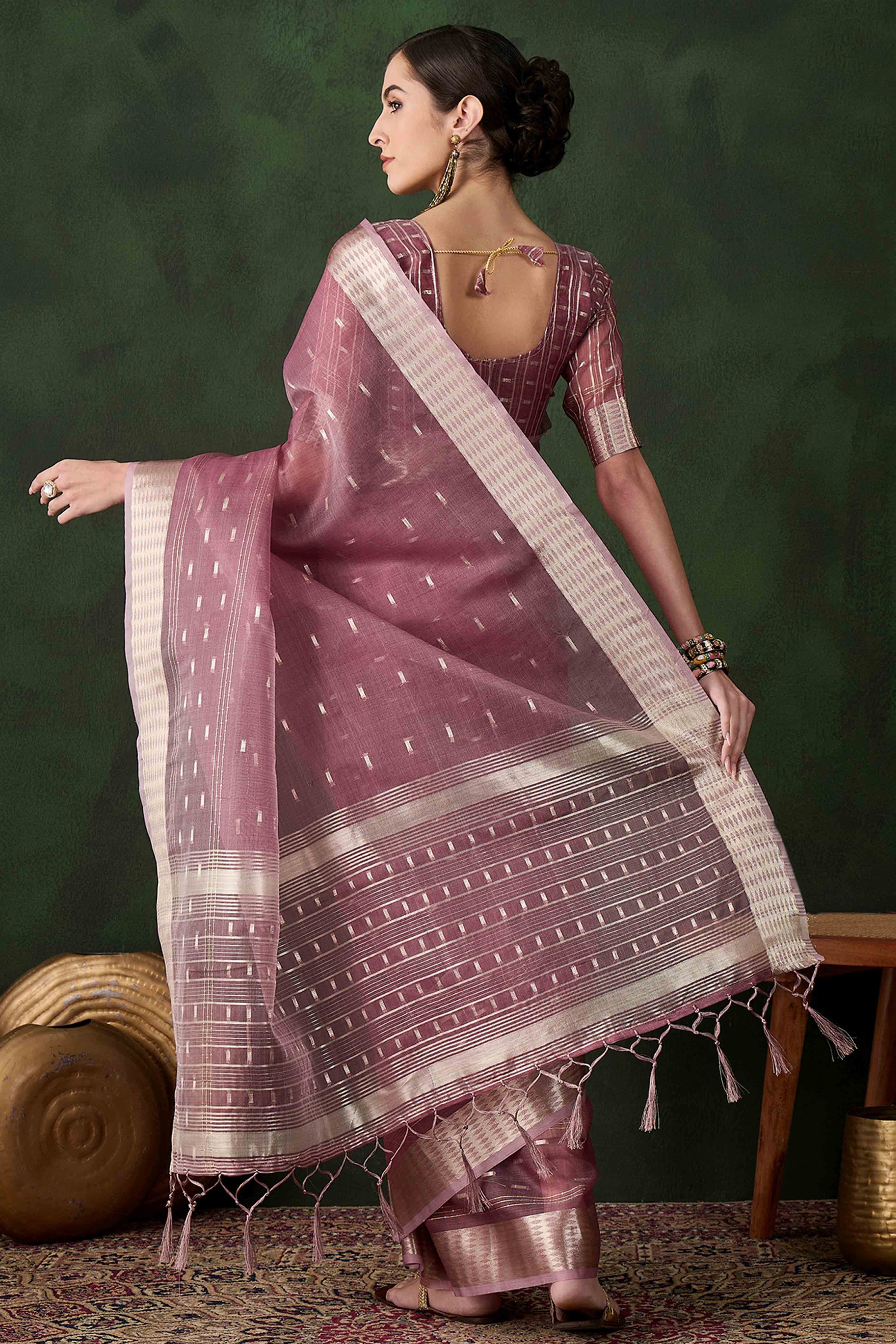Wine Saree With Fine Zari Weaving on Khadi Organza and Tassel Detailing Pallu