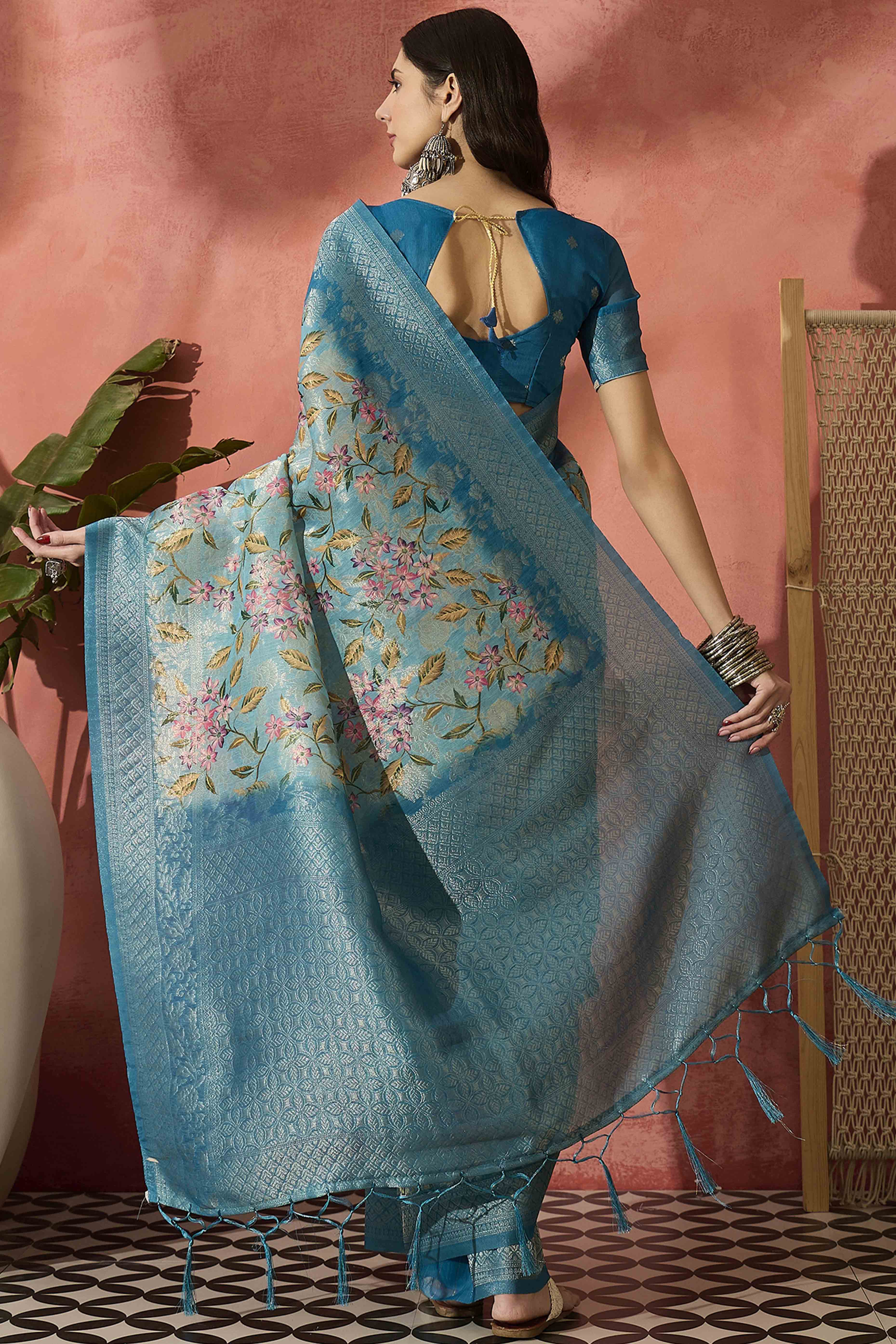 Blue Saree In Poly Cotton Featuring Intricate Floral Zari Weaving & Tassel Accents
