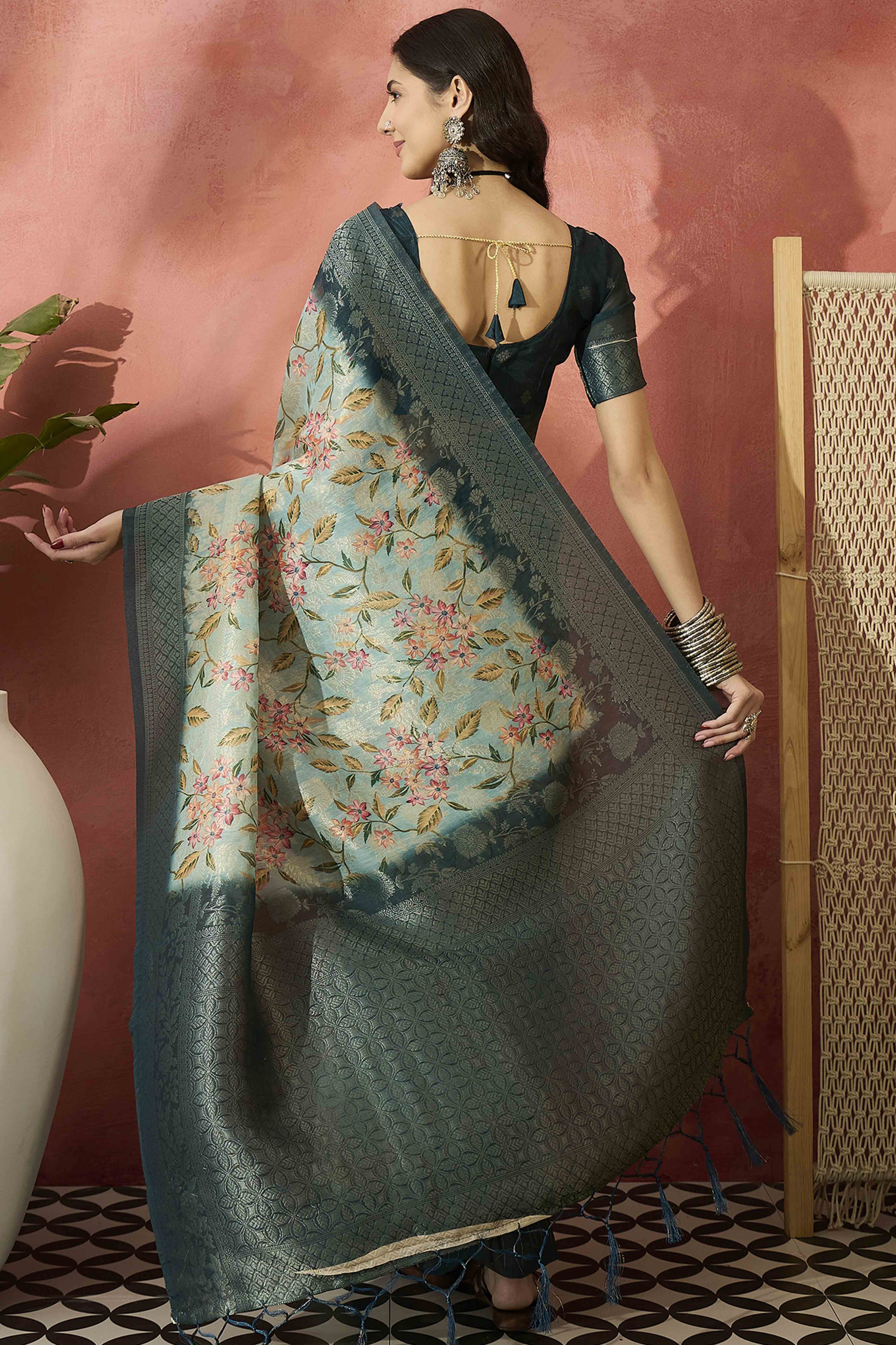 Turquoise Saree In Poly Cotton Featuring Intricate Floral Zari Weaving & Tassel Accents