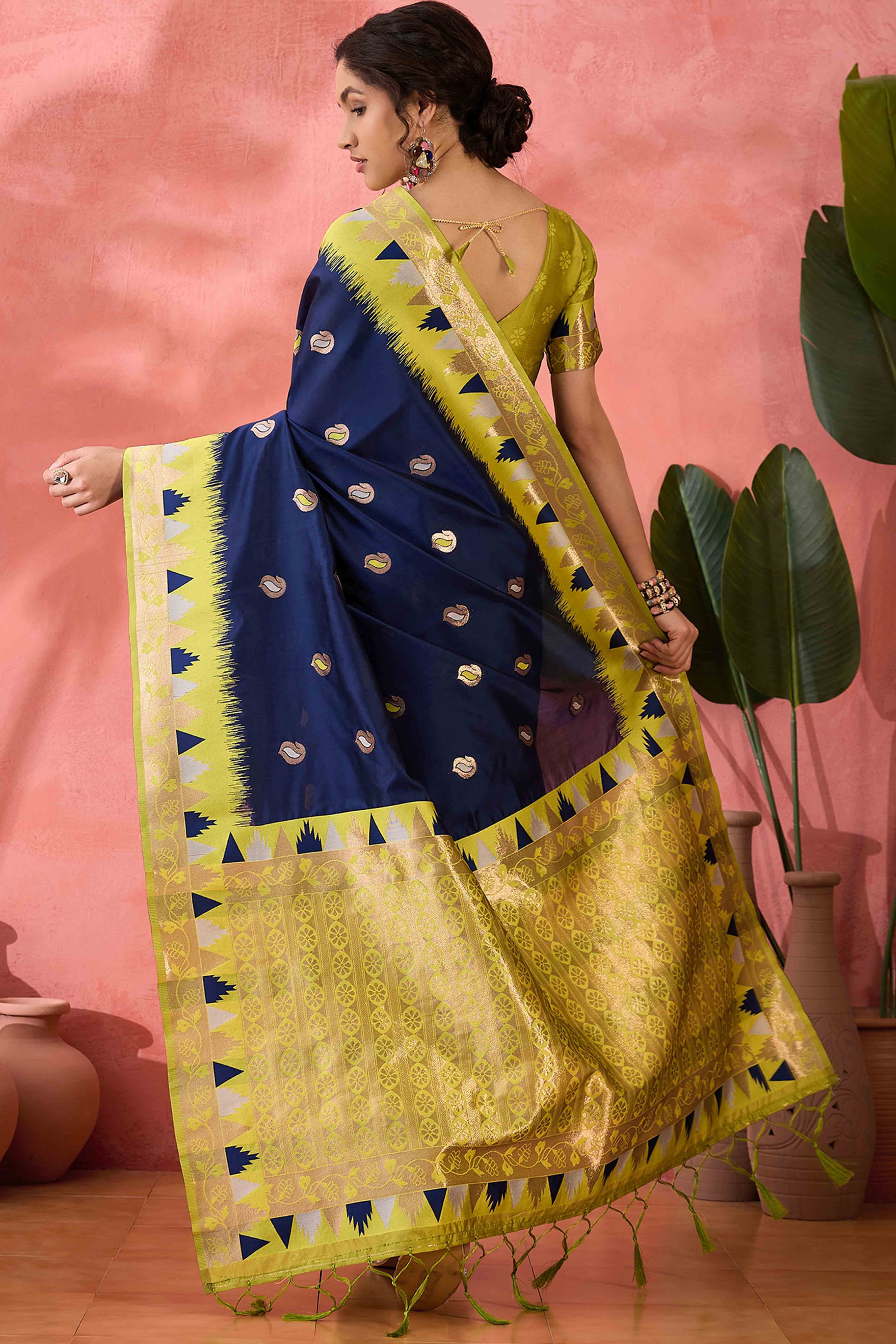 Navy Blue Zari Woven Poly Silk Saree Enhanced With Graceful Tassel Detailing