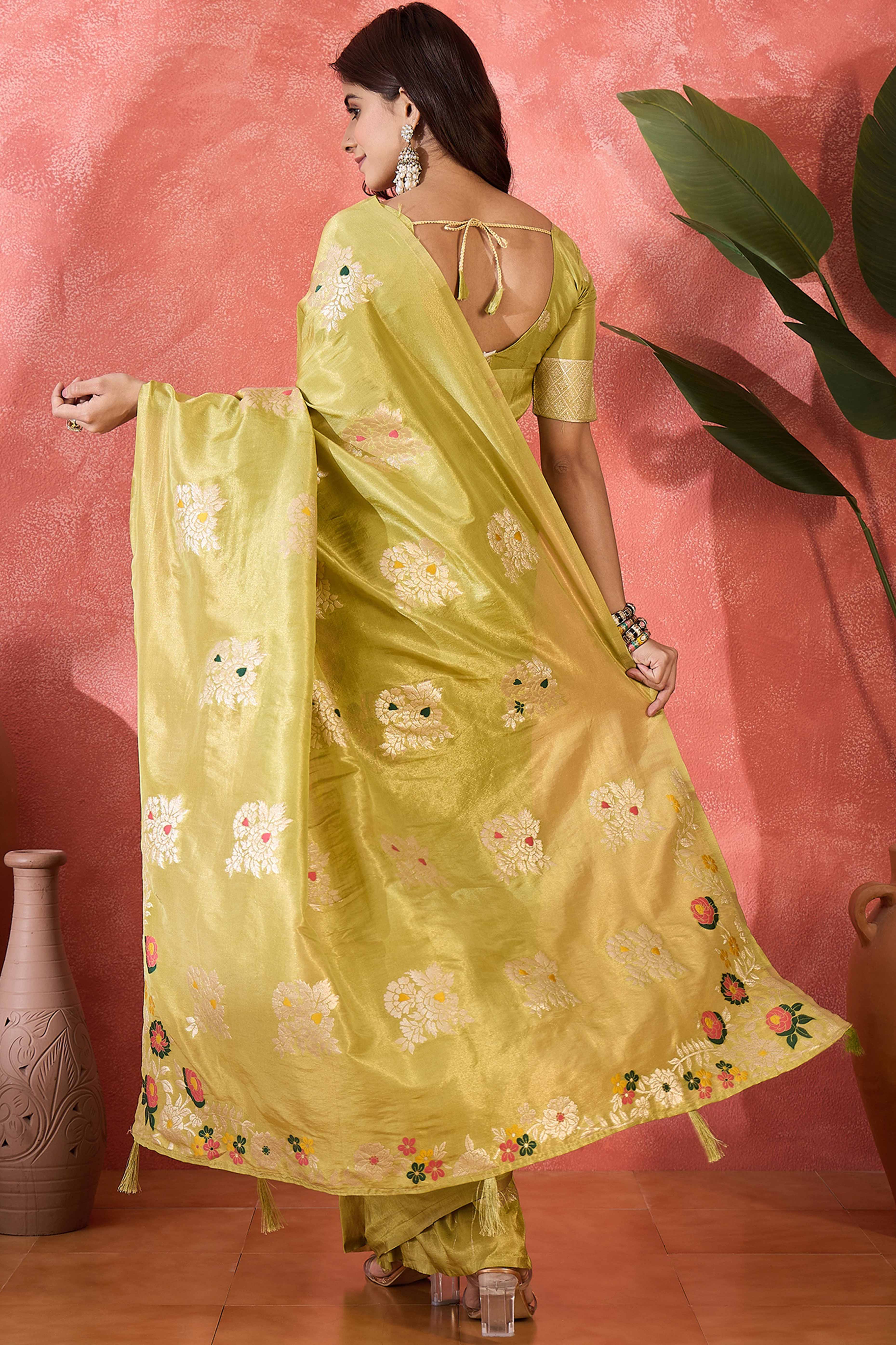 Lime Green Saree In Shimmer Fabric With Floral Zari Weaving & Decorative Tassel Pallu