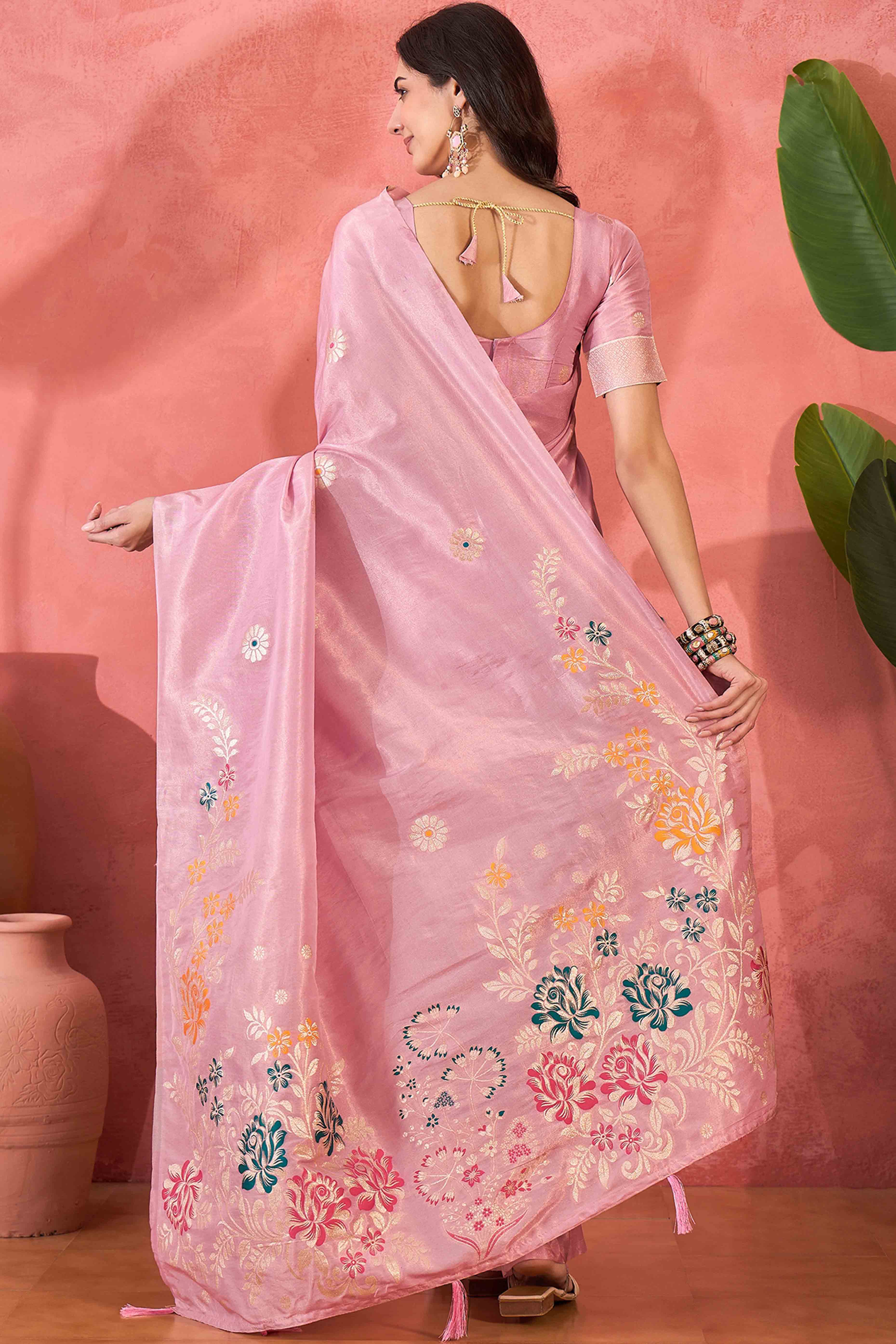 Baby Pink Shimmer Saree Adorned with Floral Zari Weaving & Tassel Pallu