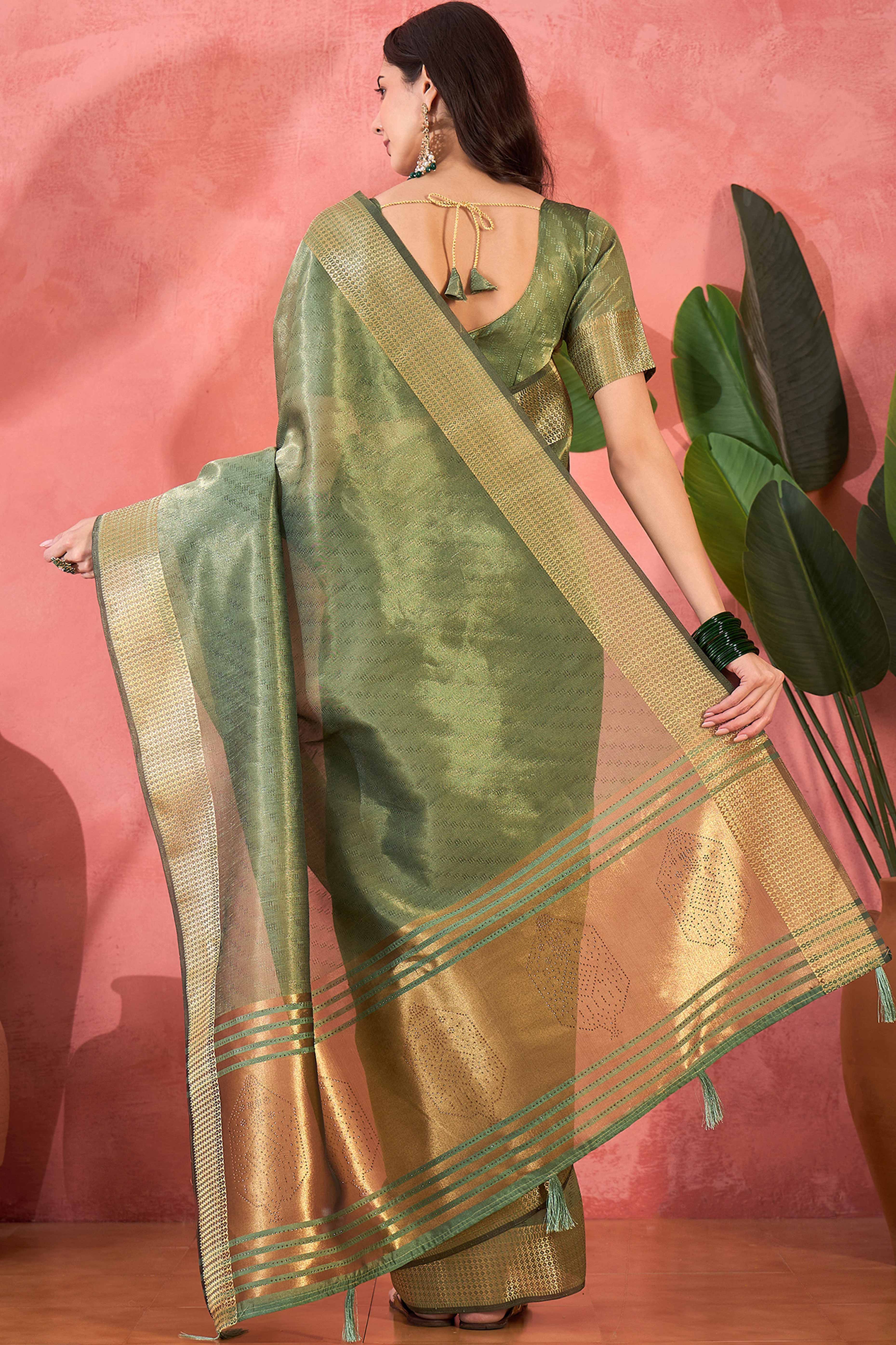 Green Khadi Organza Saree Intricate Weaving & Sparkling Stonework With Tassel Pallu