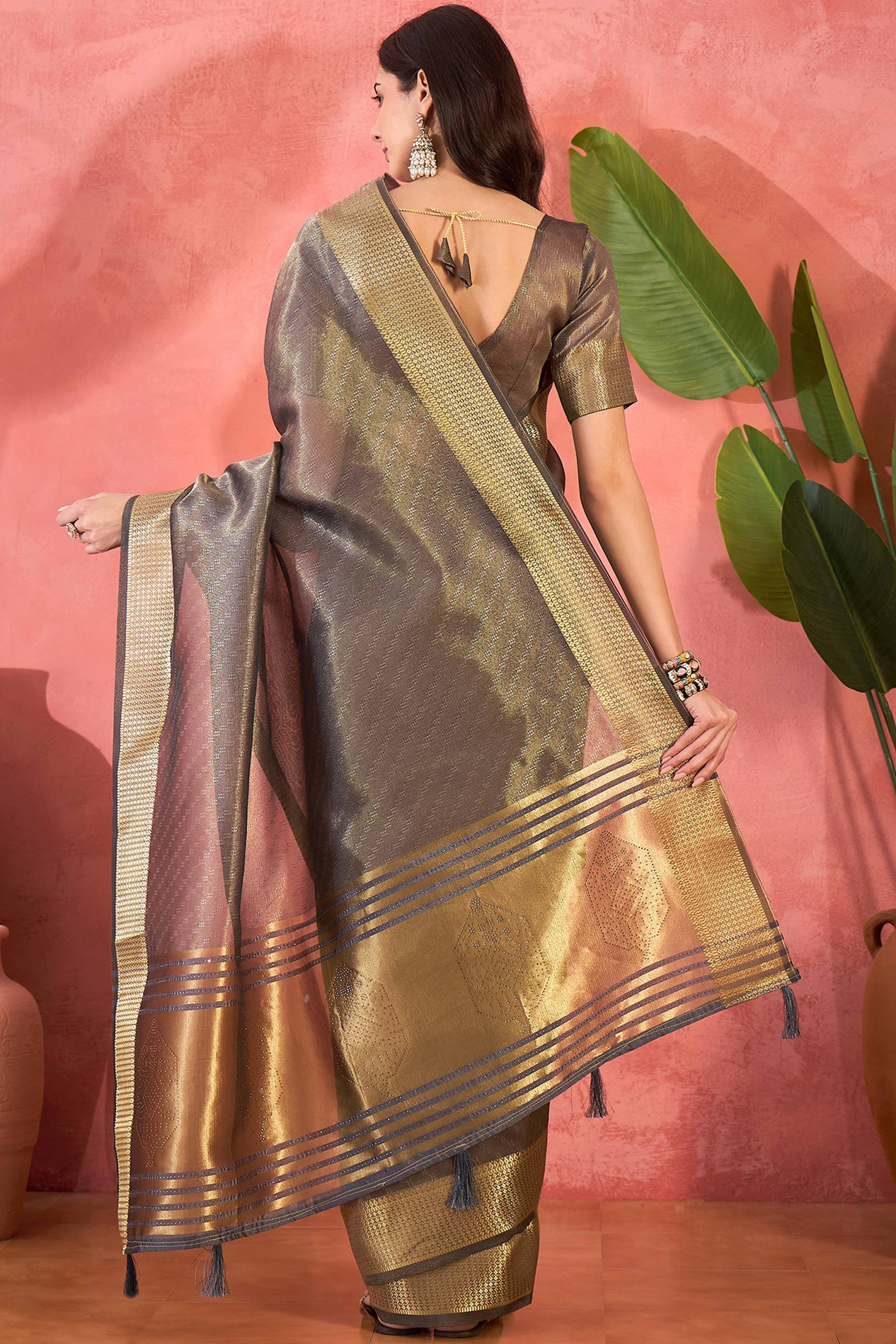Grey Khadi Organza Saree Intricate Weaving & Sparkling Stonework With Tassel Pallu