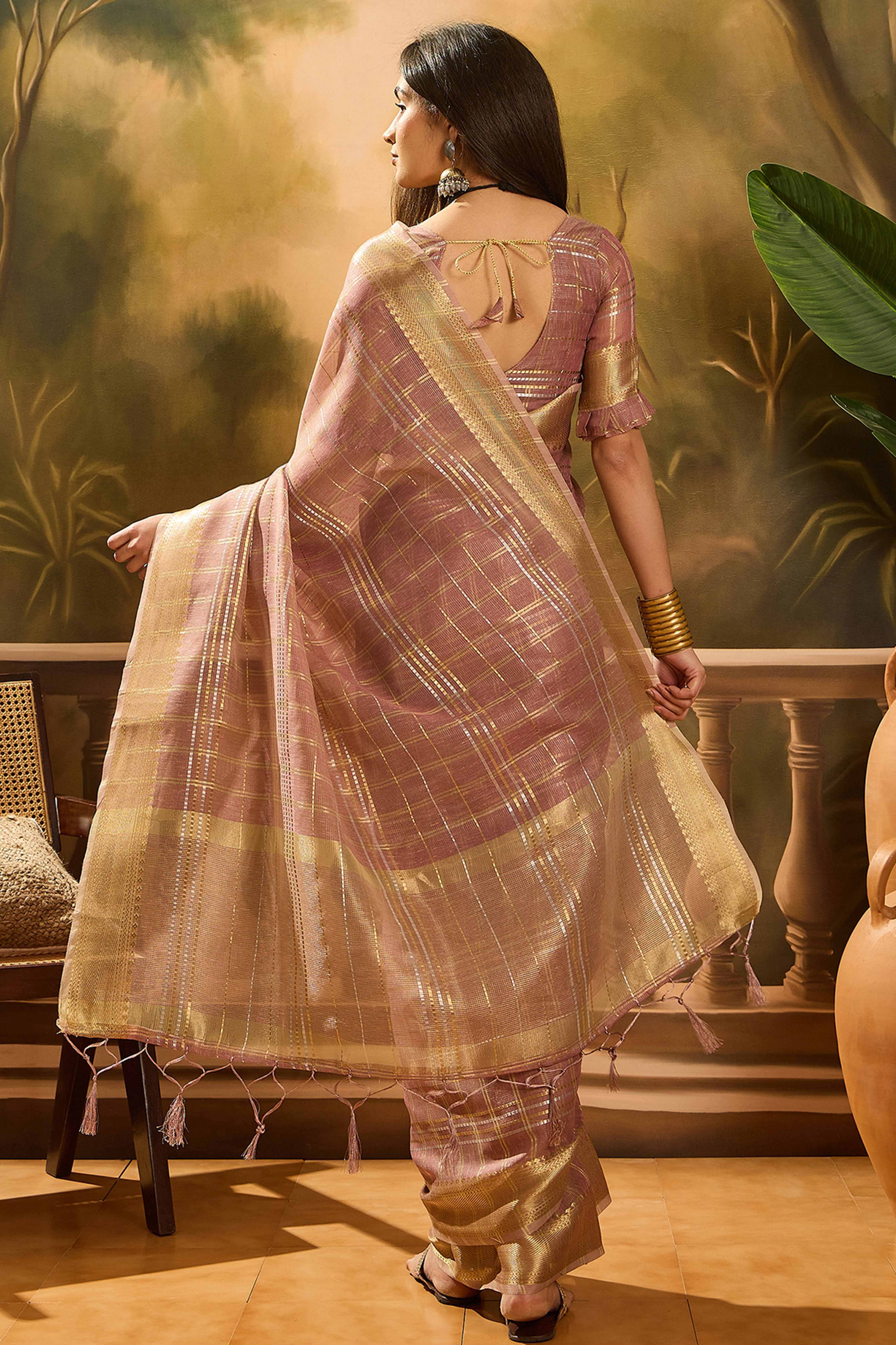 Dusty Mauve Zari Woven Khadi Organza Saree Featuring Classic Checks & Tassel Detailing