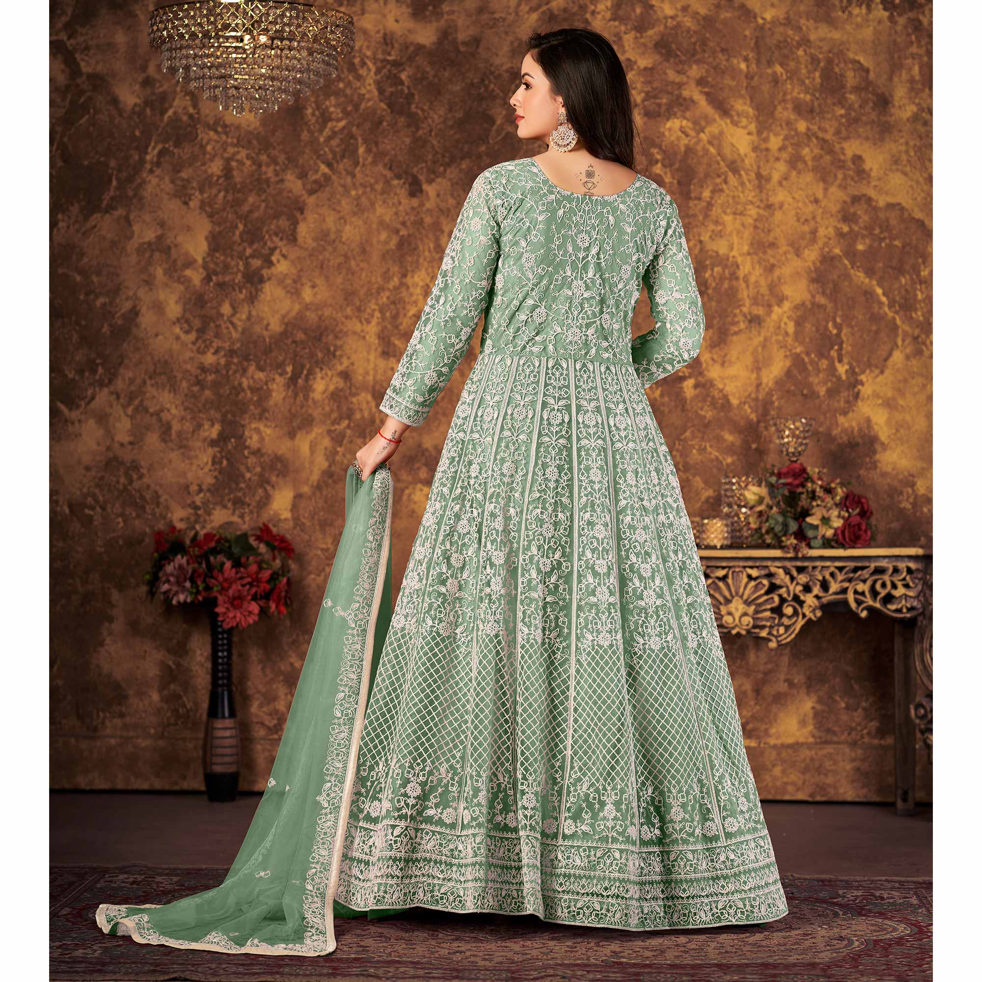 Green Floral Embroidered Net Semi Stitched Dress Material