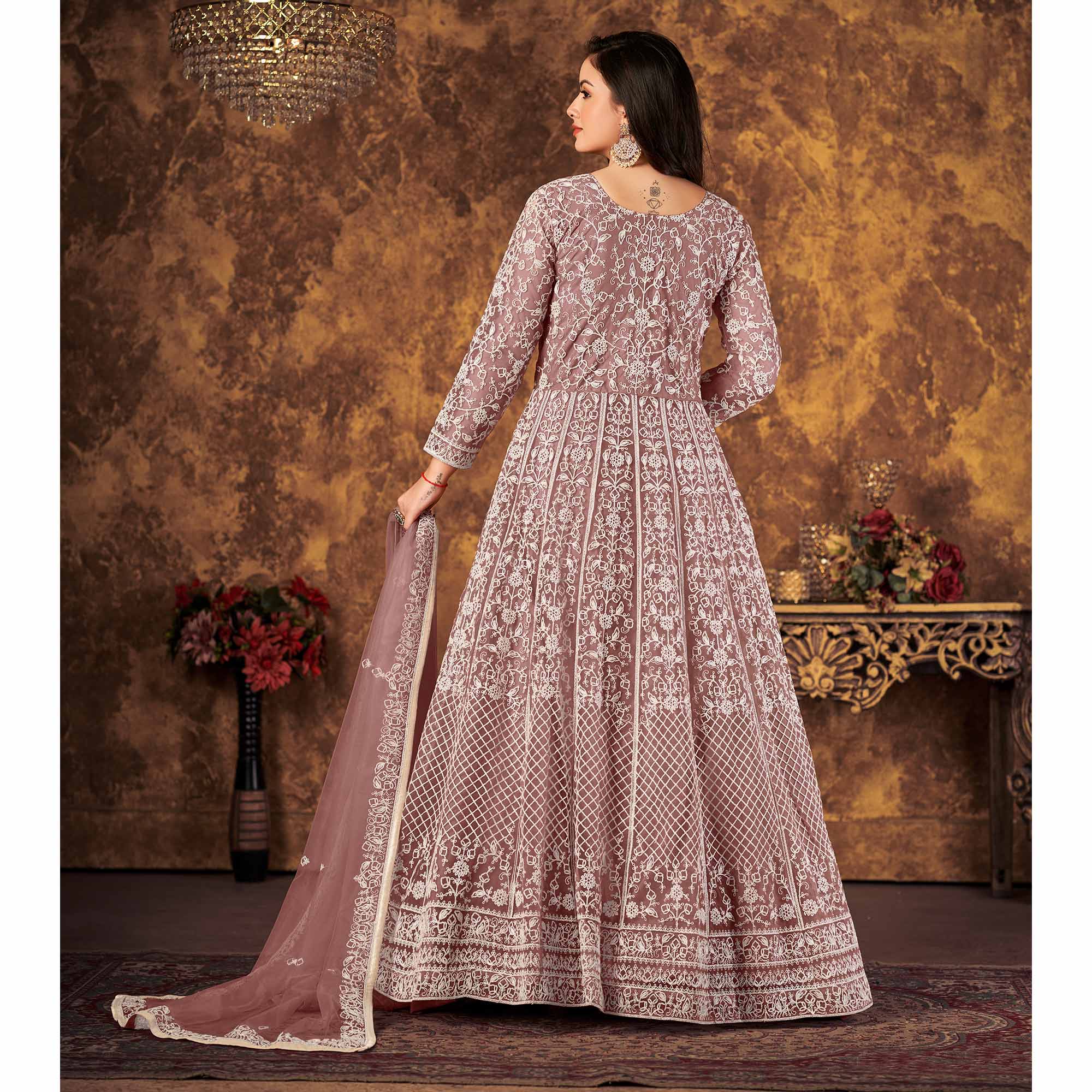 Mauve Floral Embroidered Net Semi Stitched Dress Material