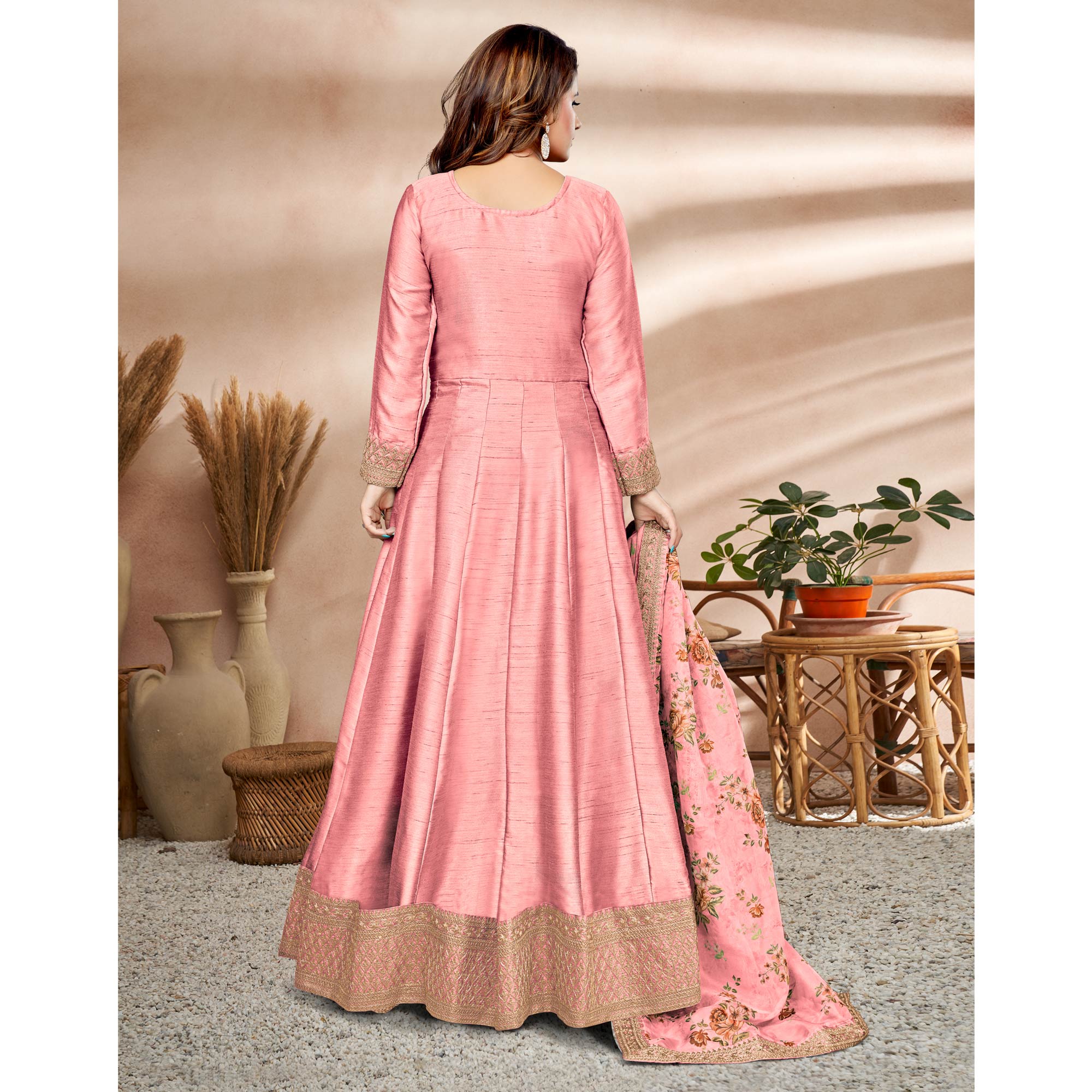 Pink Embroidered Art Silk Semi Stitched Anarkali Suit