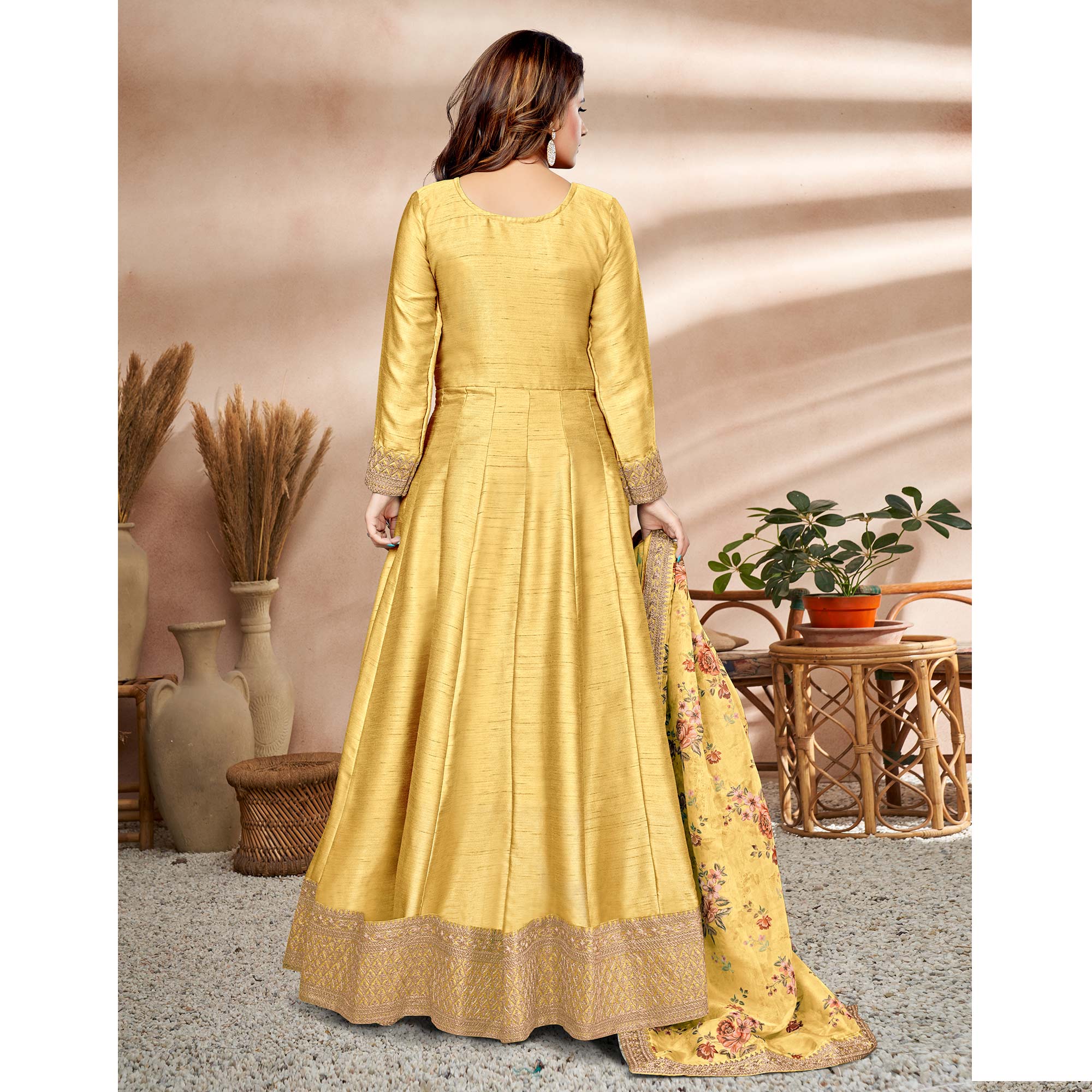 Yellow Embroidered Art Silk Semi Stitched Anarkali Suit