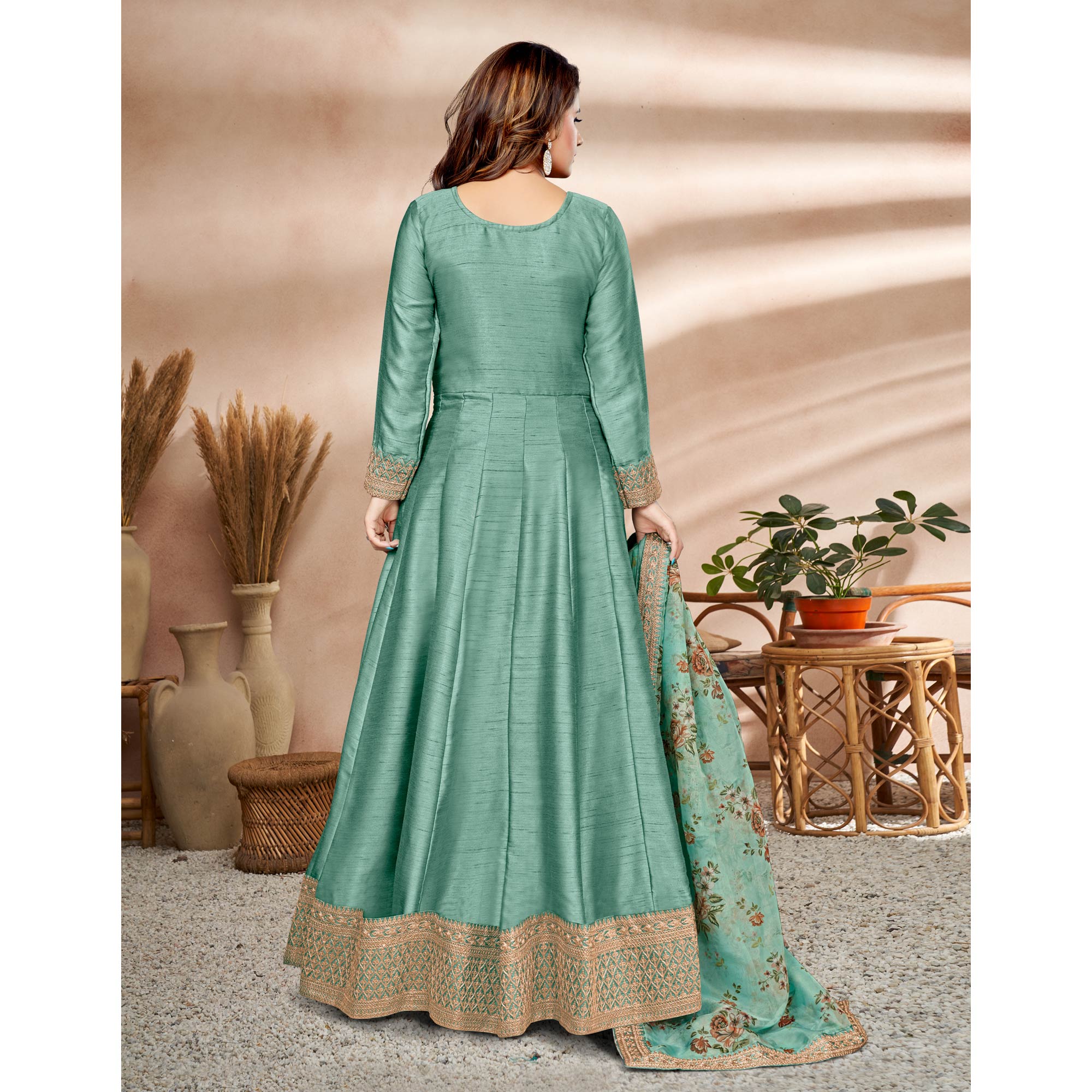 Turquoise  Embroidered Art Silk Semi Stitched Anarkali Suit