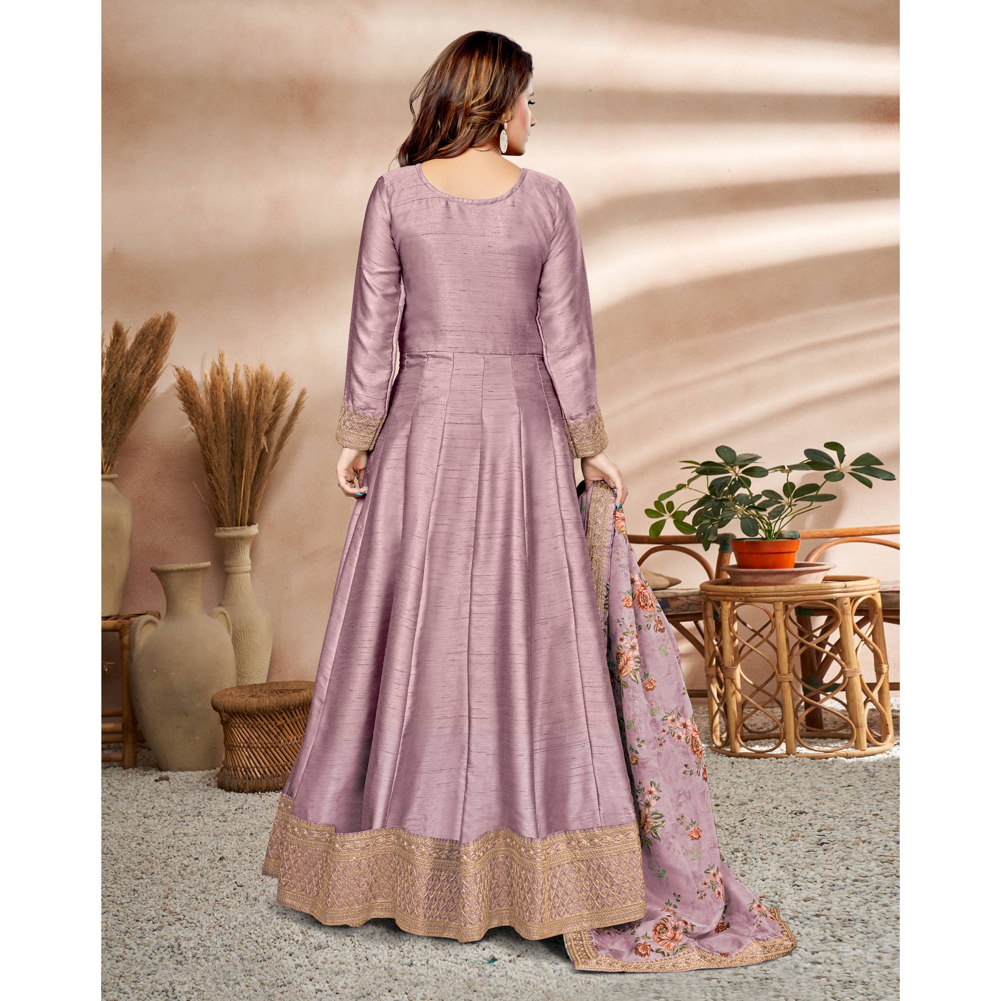 Mauve Embroidered Art Silk Semi Stitched Anarkali Suit