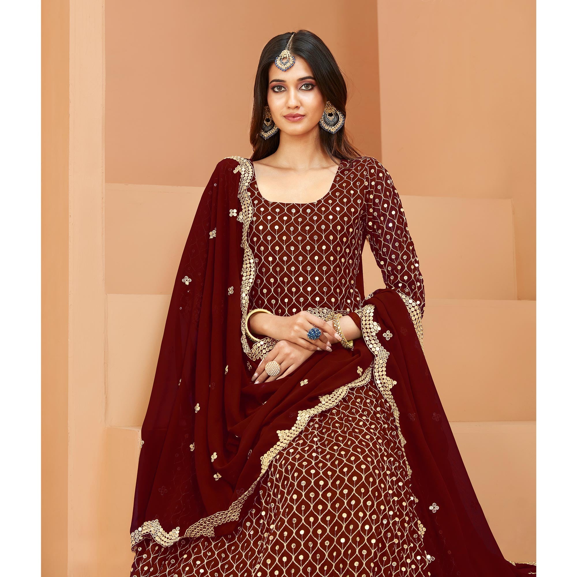 Maroon Sequins Embroidered Georgette Semi Stitched Anarkali Suit
