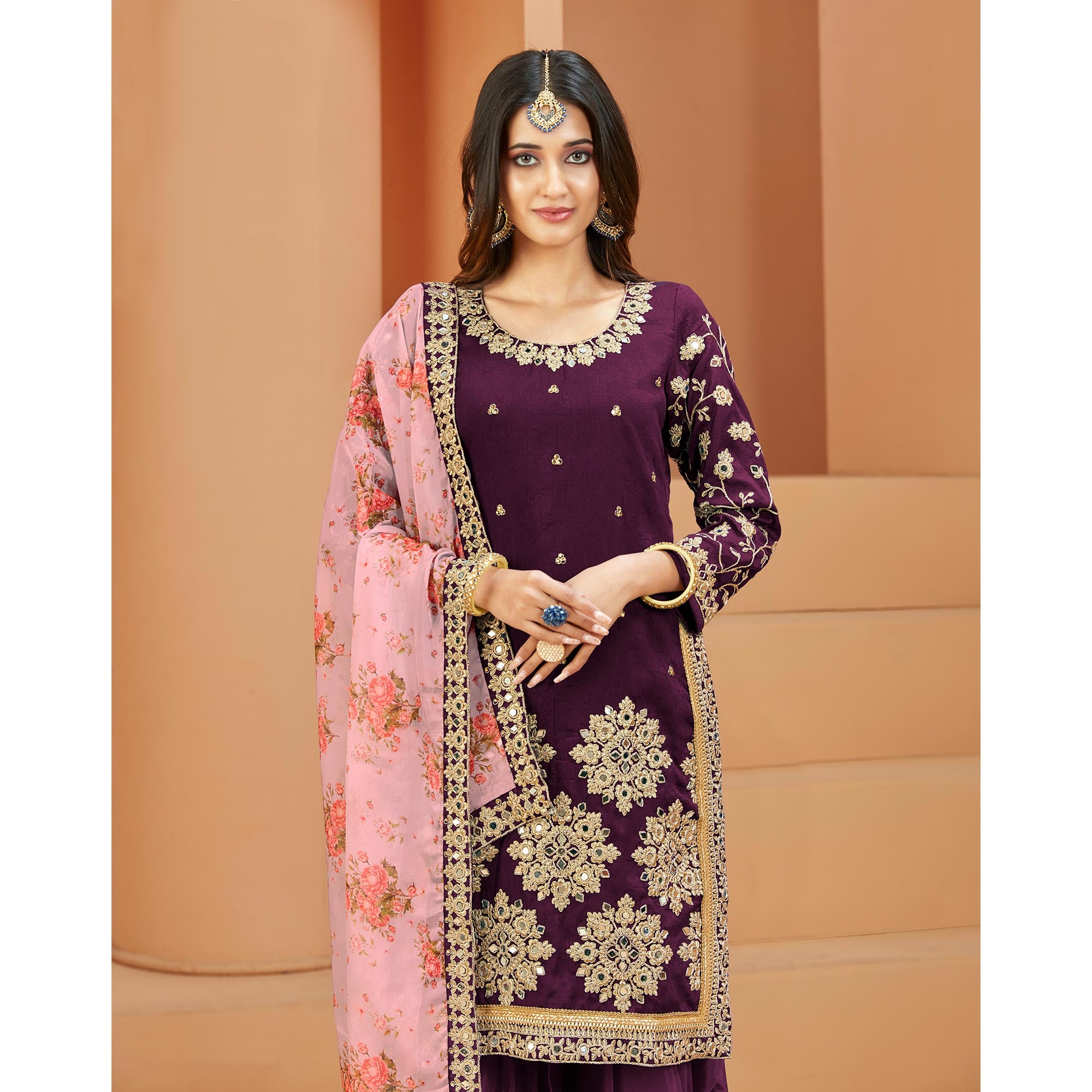 Purple Floral Embroidered Art Silk Semi Stitched Patiala Suit