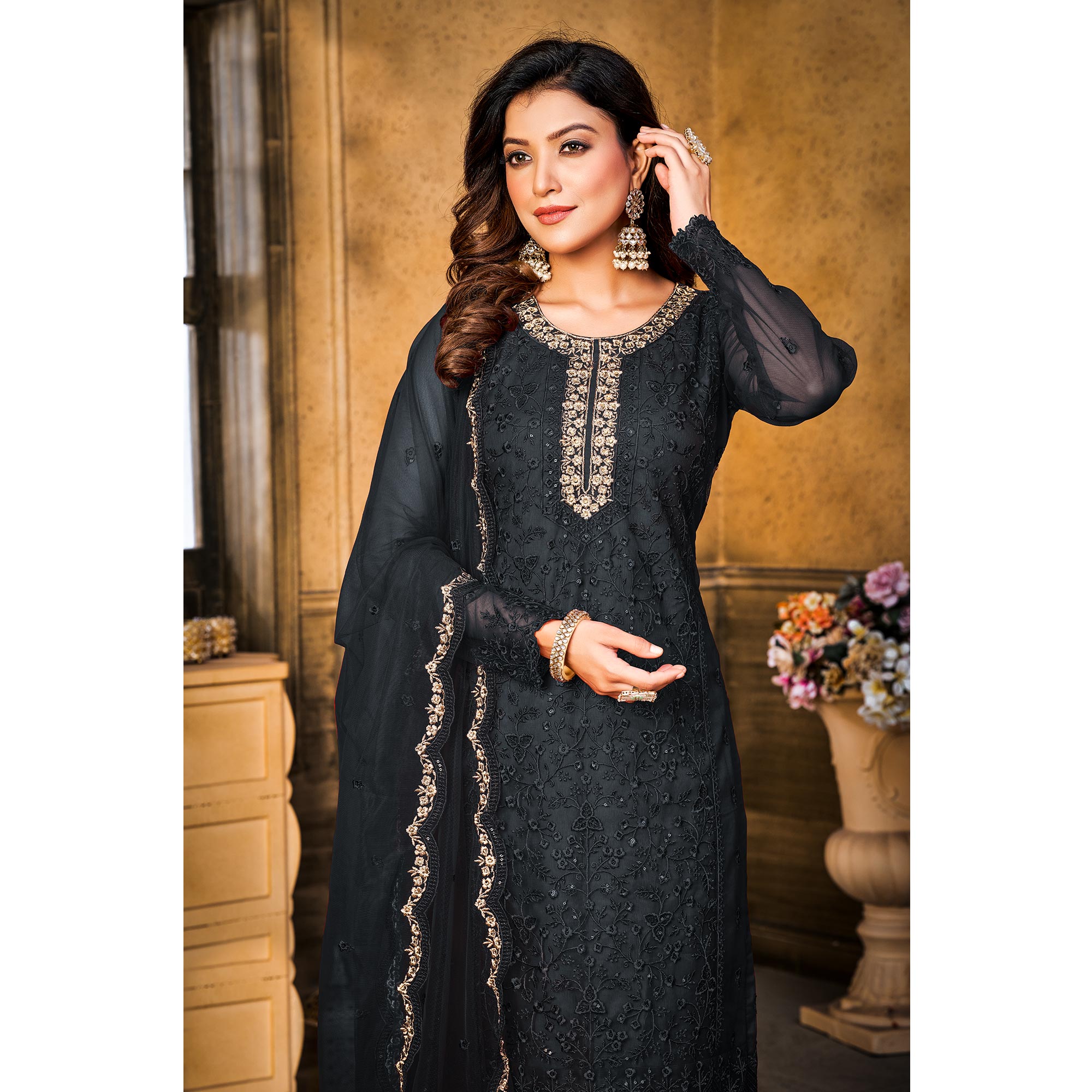 Black Sequins Floral Embroidered Net Semi Stitched Suit