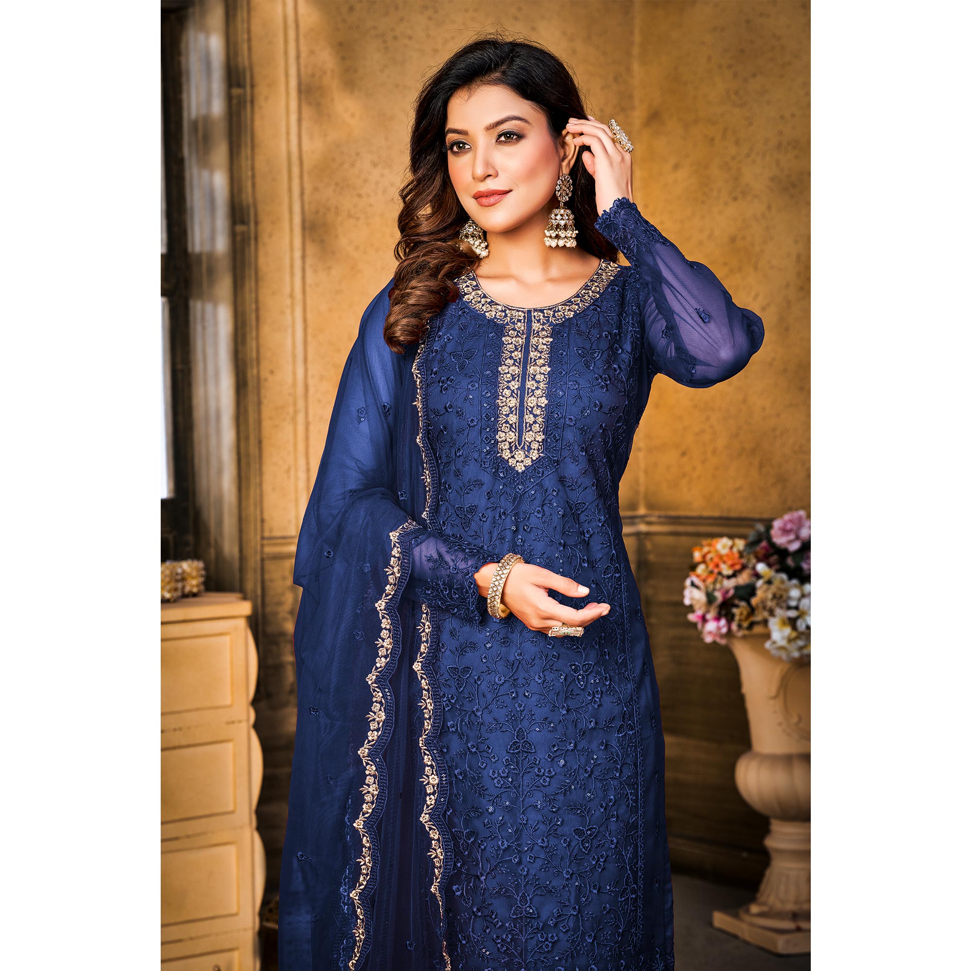 Blue Sequins Floral Embroidered Net Semi Stitched Suit