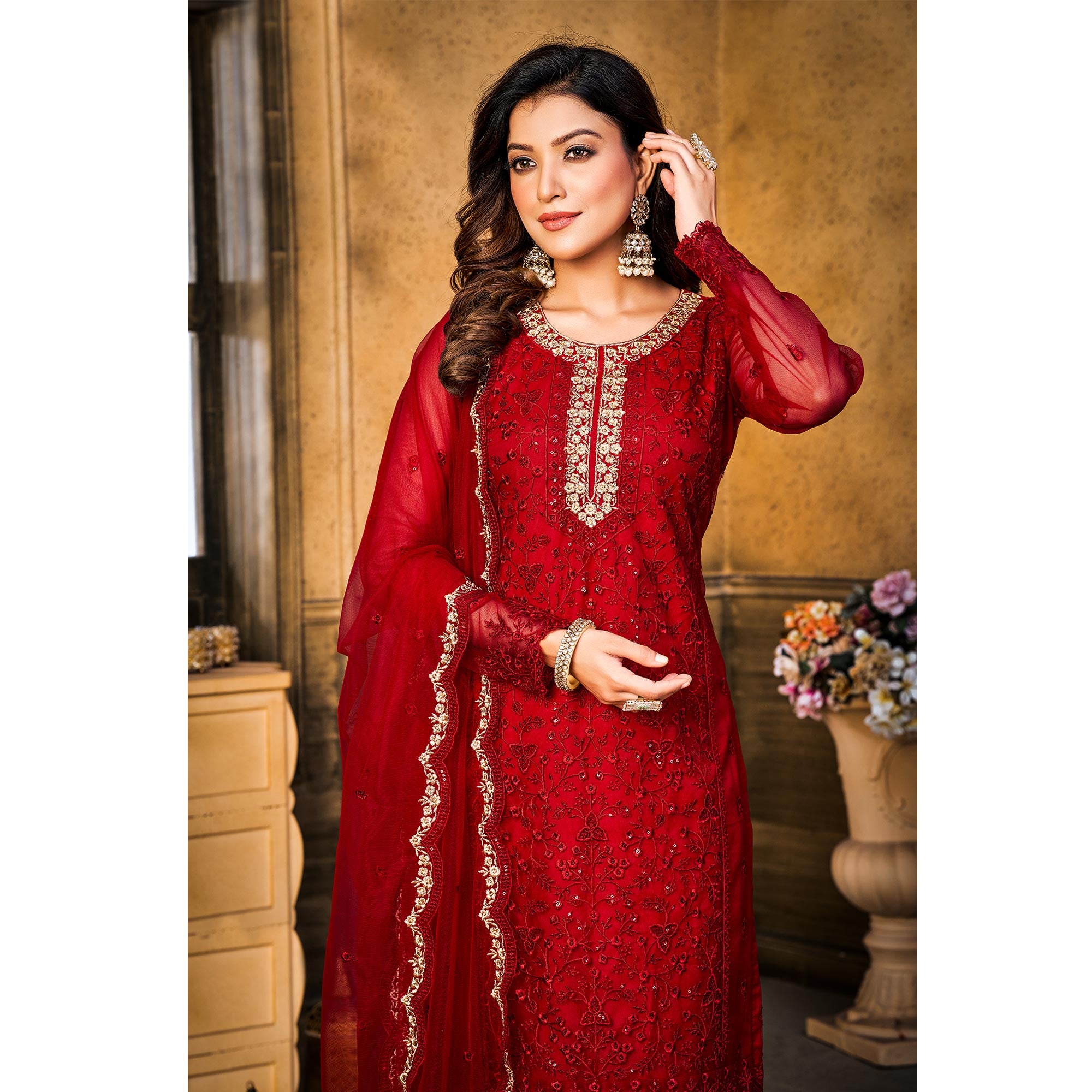 Red Sequins Floral Embroidered Net Semi Stitched Suit