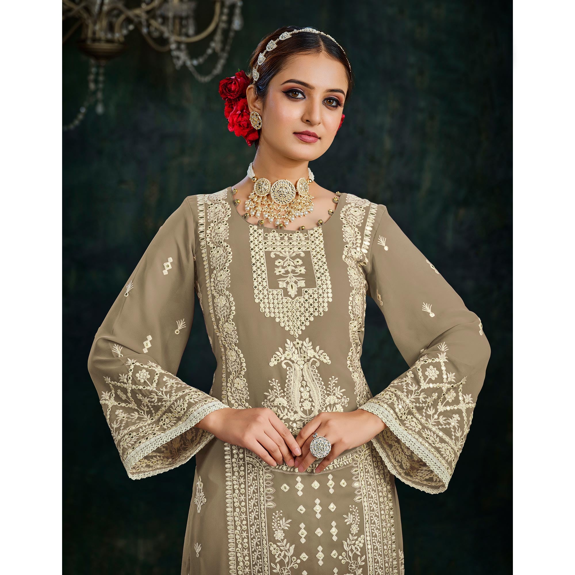 Brown Floral Embroidered Georgette Semi Stitched Palazzo Suit
