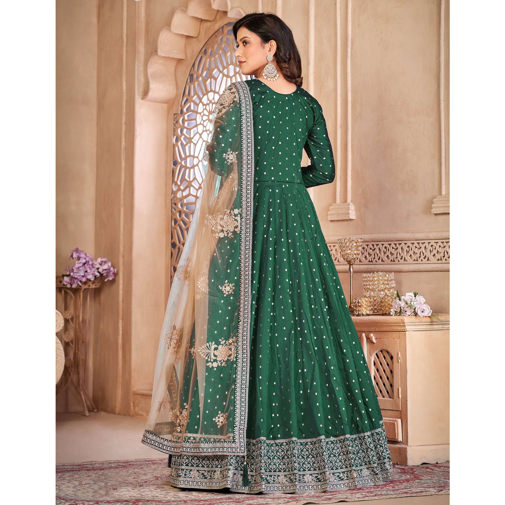 Green Floral Embroidered Tapetta Silk Semi Stitched Anarkali Suit