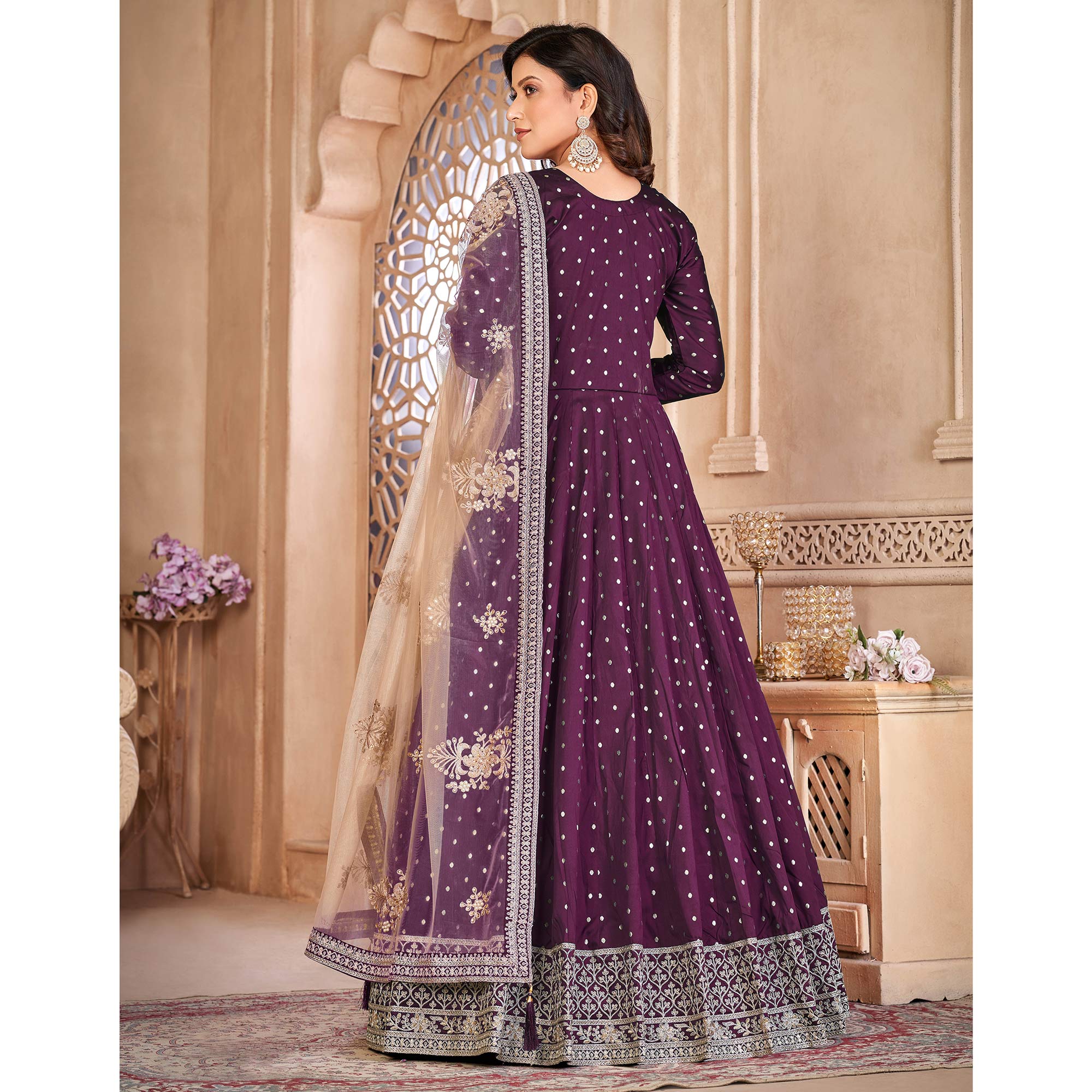 Purple Floral Embroidered Tapetta Silk Semi Stitched Anarkali Suit