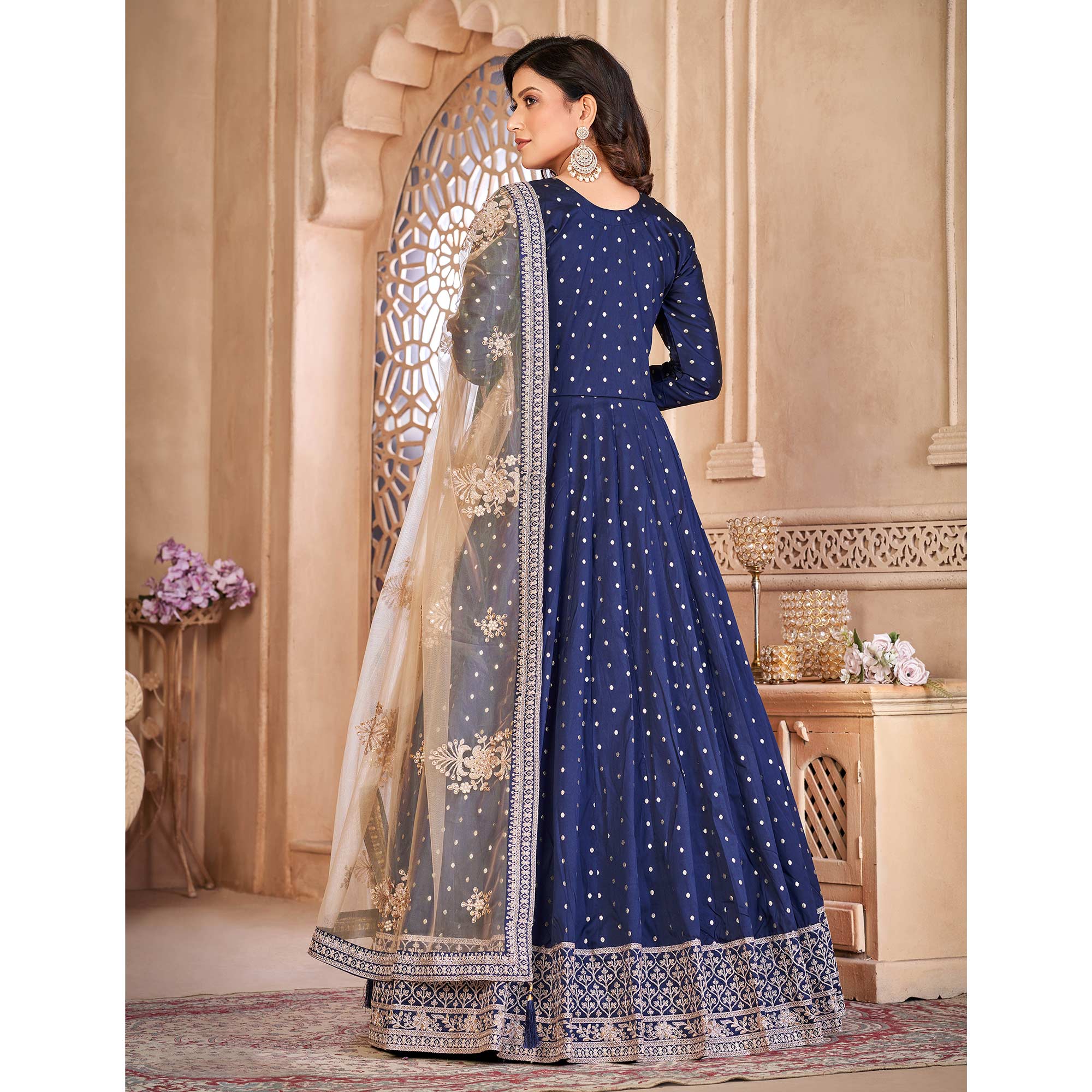 Blue Floral Embroidered Tapetta Silk Semi Stitched Anarkali Suit