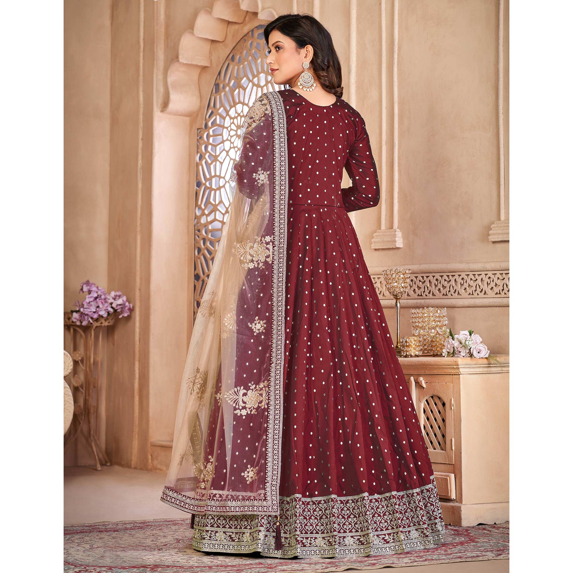 Maroon Floral Embroidered Tapetta Silk Semi Stitched Anarkali Suit