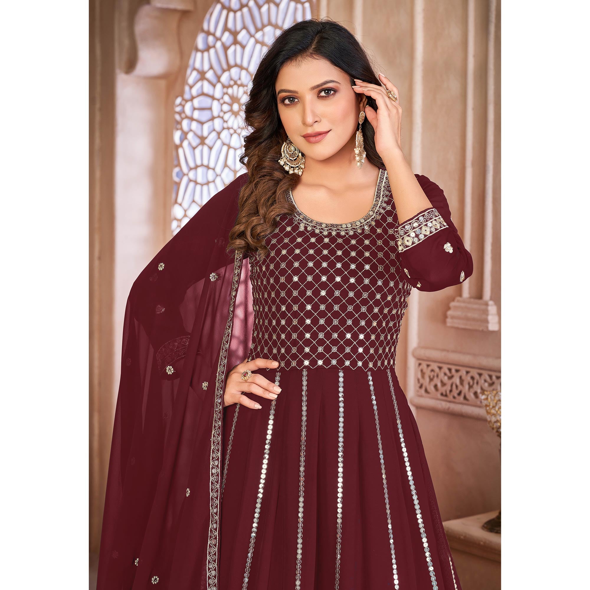 Maroon Floral Sequins Embroidered Georgette Semi Stitched Anarkali Suit