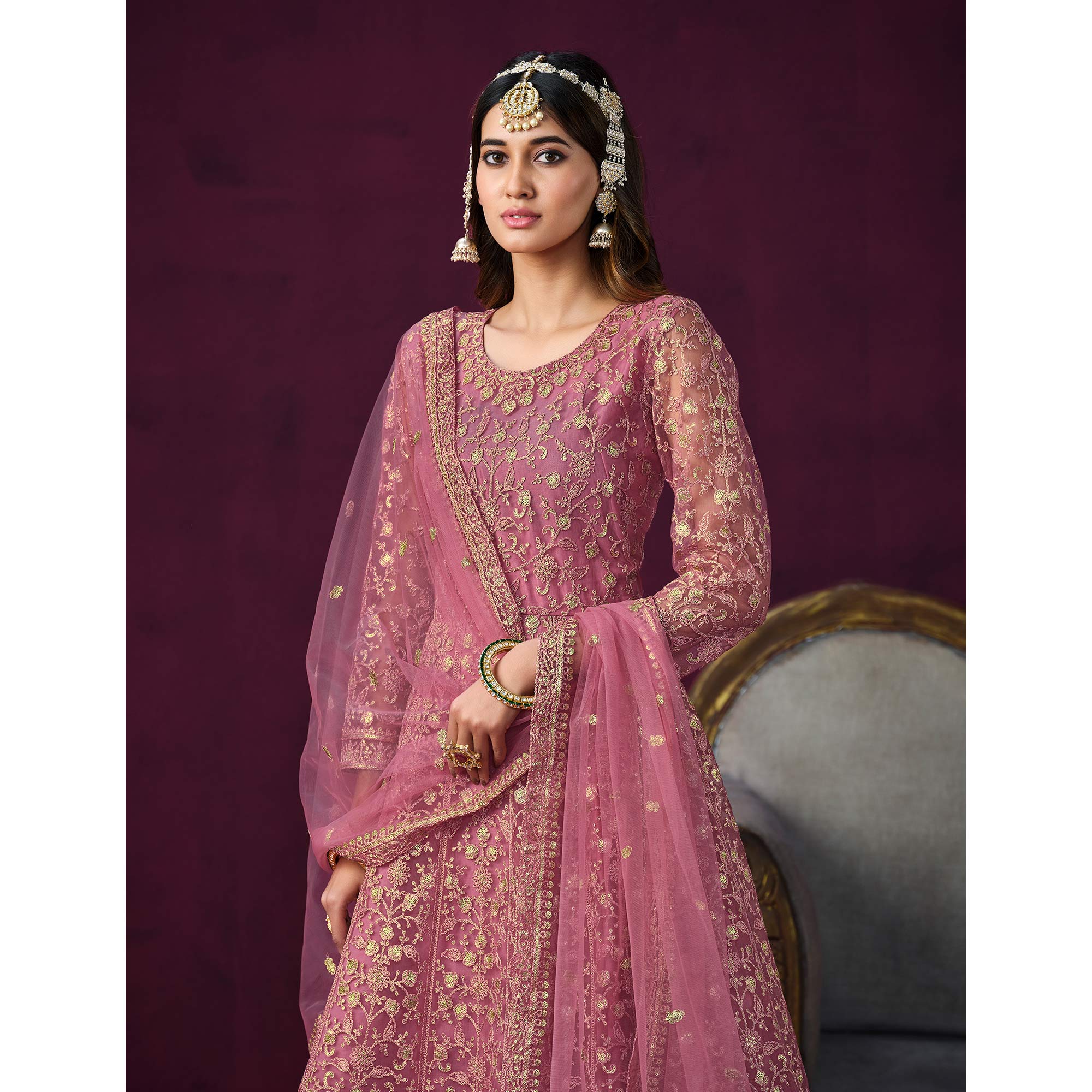 Pink Floral Embroidered Net Semi Stitched Anarkali Suit