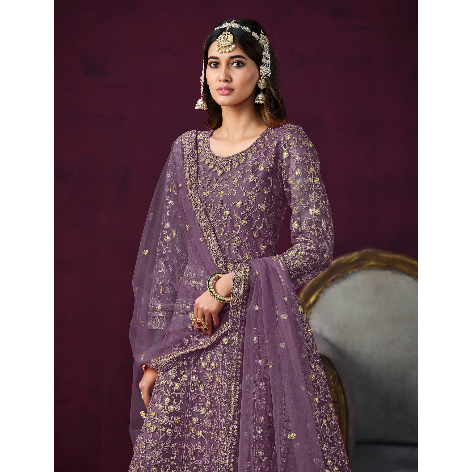 Purple Floral Embroidered Net Semi Stitched Anarkali Suit