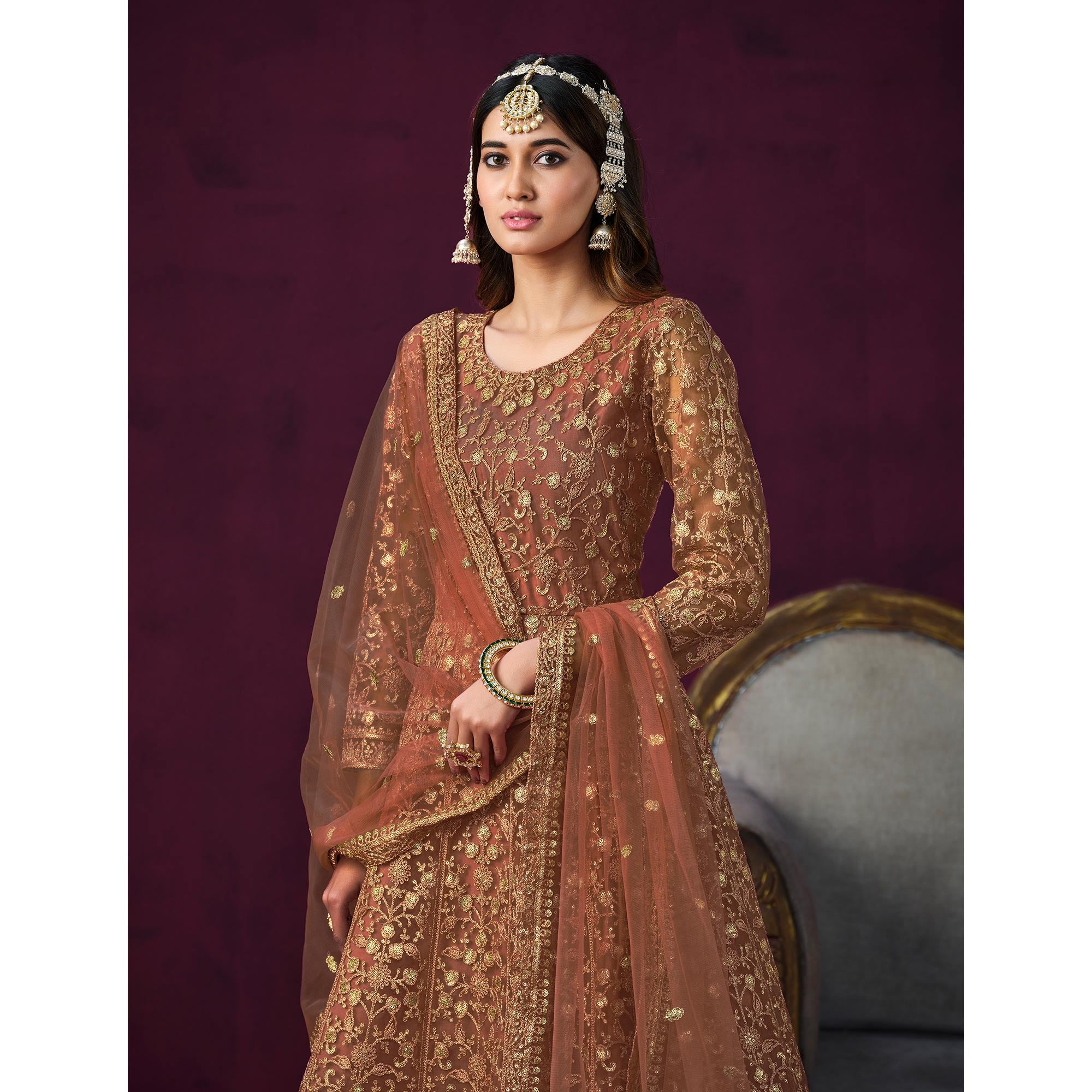 Rust Floral Embroidered Net Semi Stitched Anarkali Suit