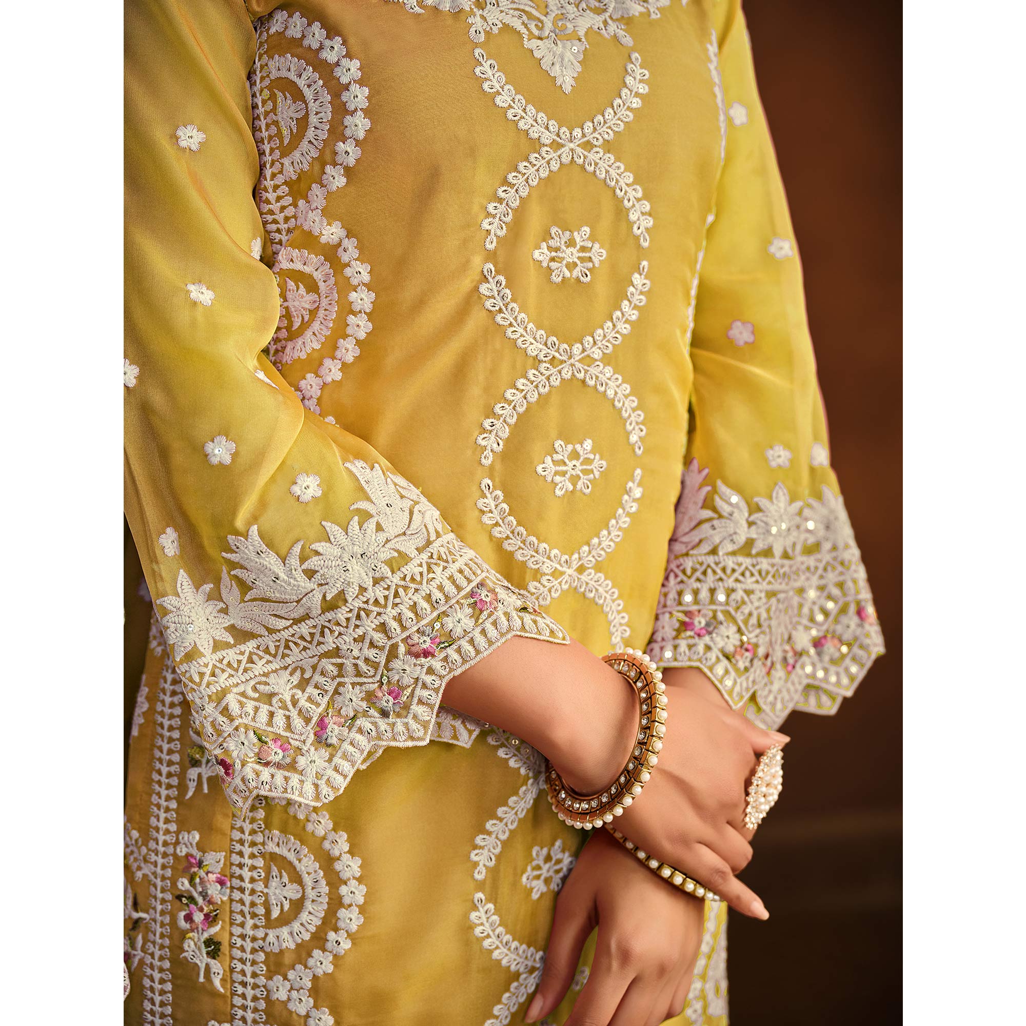 Yellow Floral Embroidered Soft Organza Semi Stithed Suit