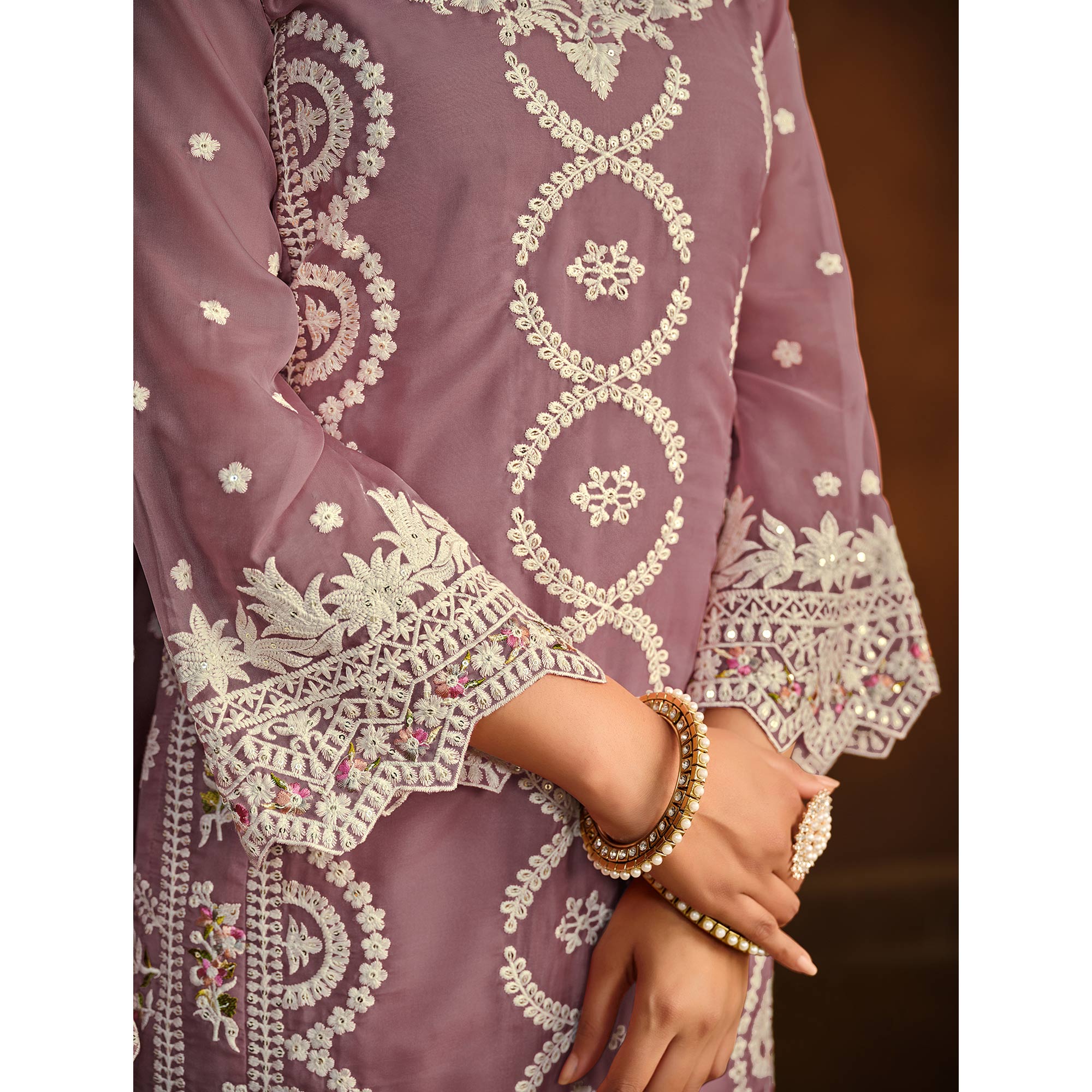 Mauve Floral Embroidered Soft Organza Semi Stithed Suit