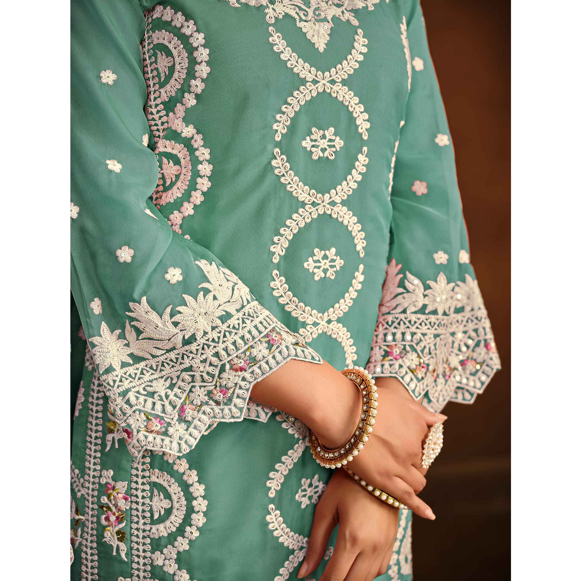 Sea Green Floral Embroidered Soft Organza Semi Stithed Suit