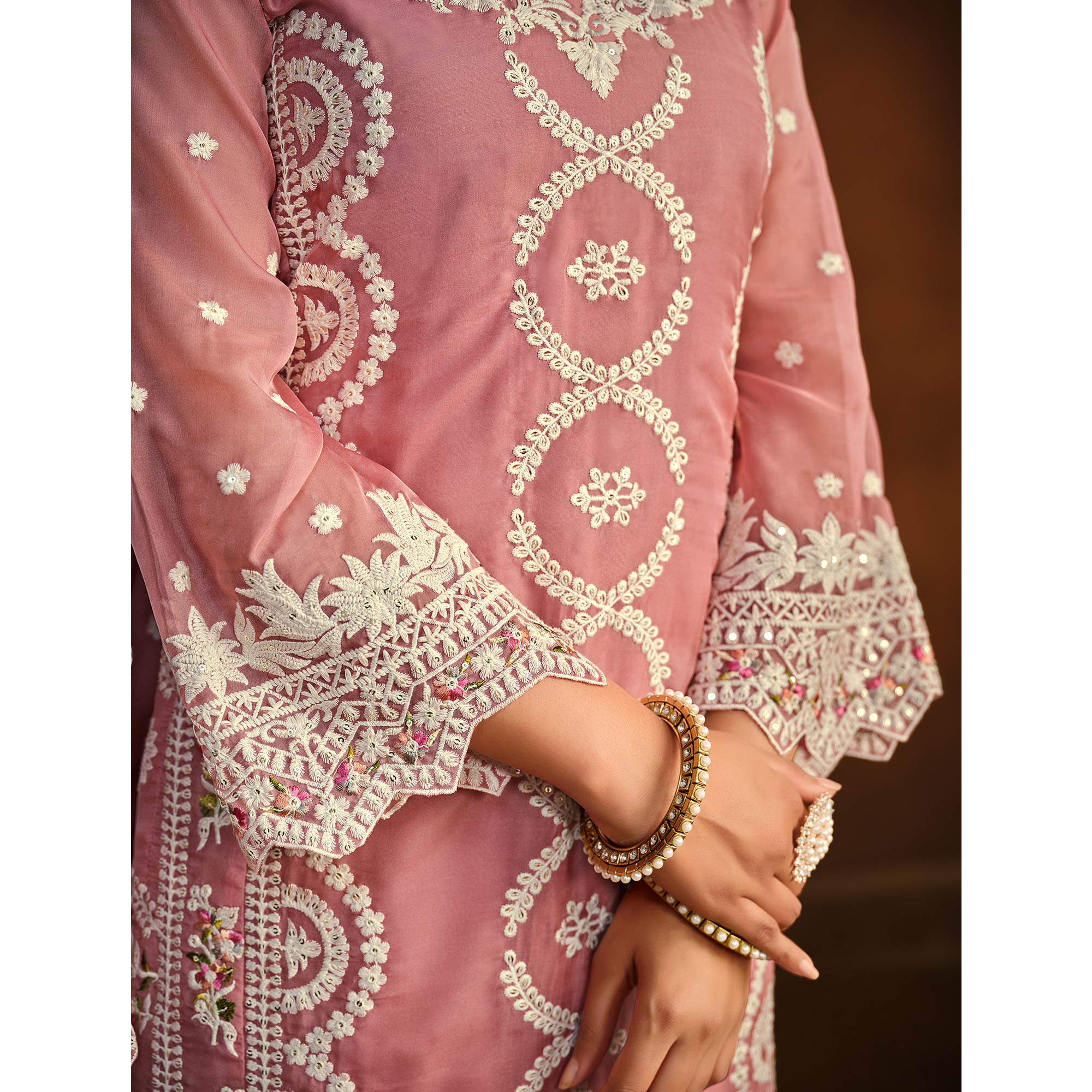 Pink Floral Embroidered Soft Organza Semi Stithed Suit