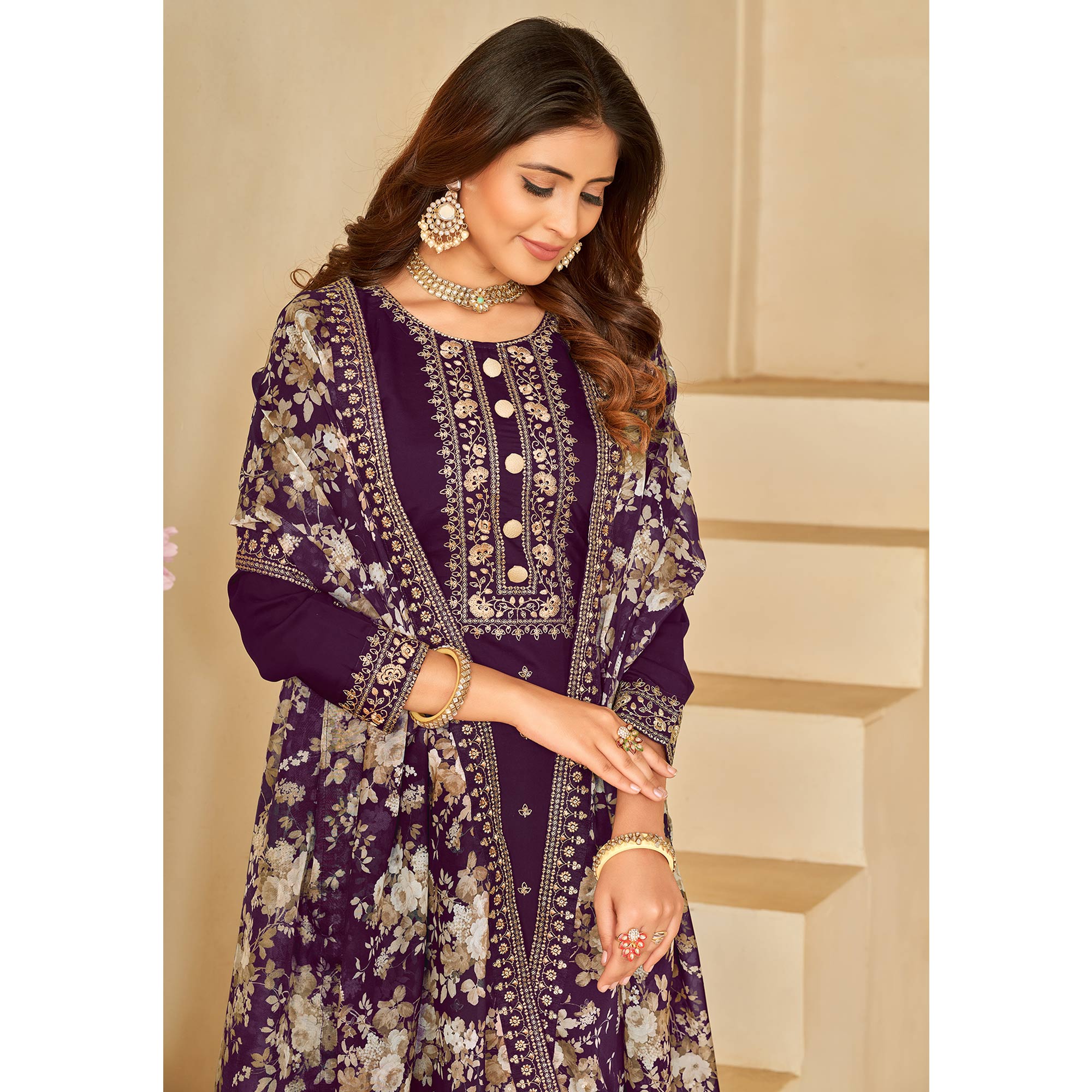 Purple Embroidered Pure Silk Semi Stitched Suit