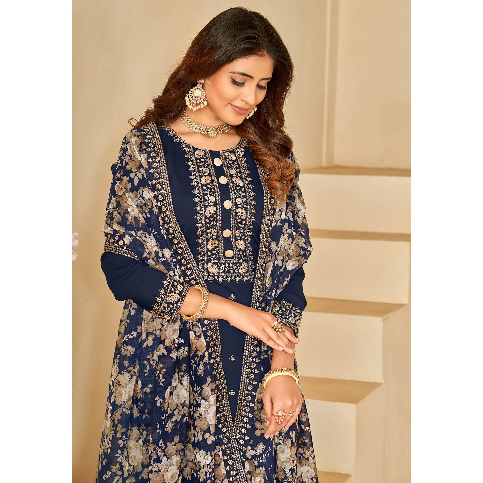 Blue Embroidered Pure Silk Semi Stitched Suit