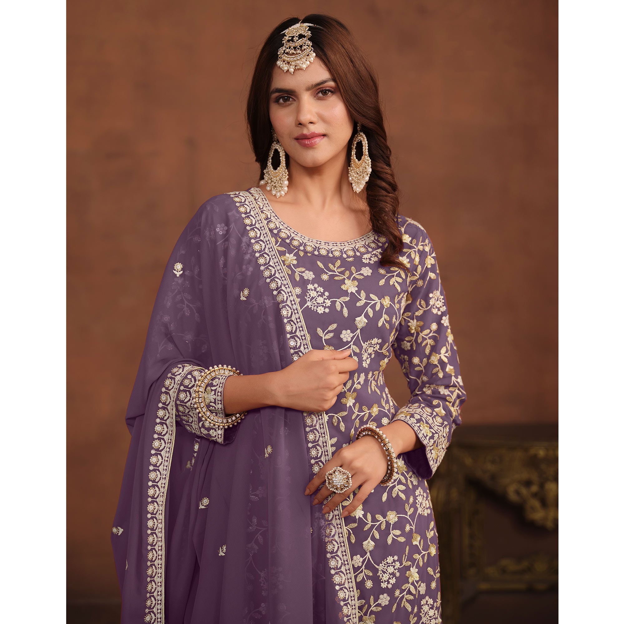 Purple Floral Embroidered Georgette Semi Stithed Suit