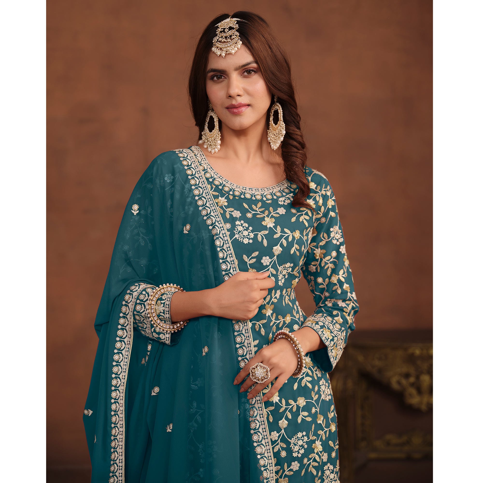 Teal Floral Embroidered Georgette Semi Stithed Suit