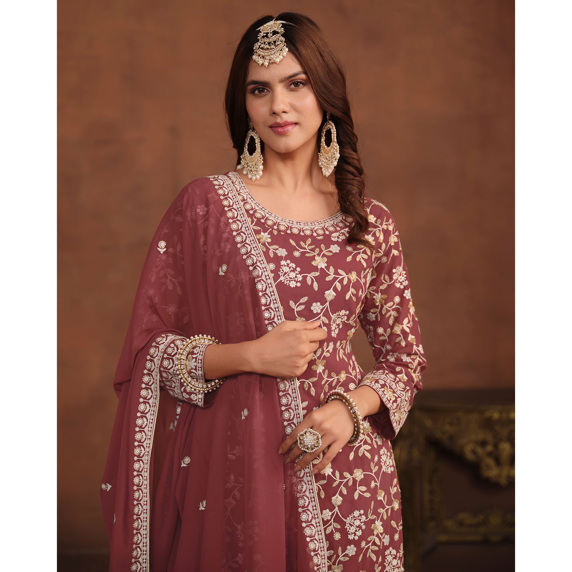 Burnt Red Floral Embroidered Georgette Semi Stithed Suit