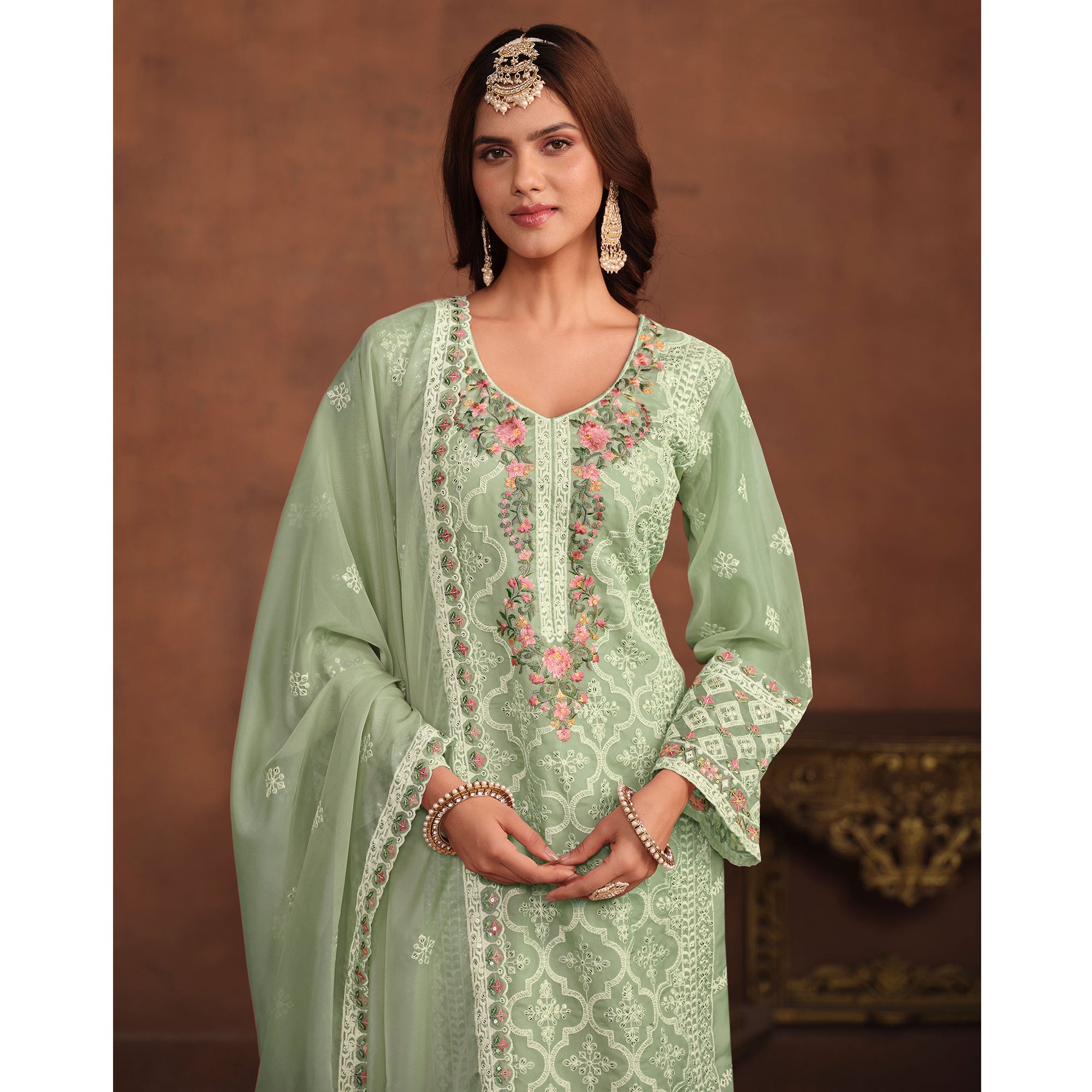 Green Floral Embroidered Organza Semi Stitched Suit