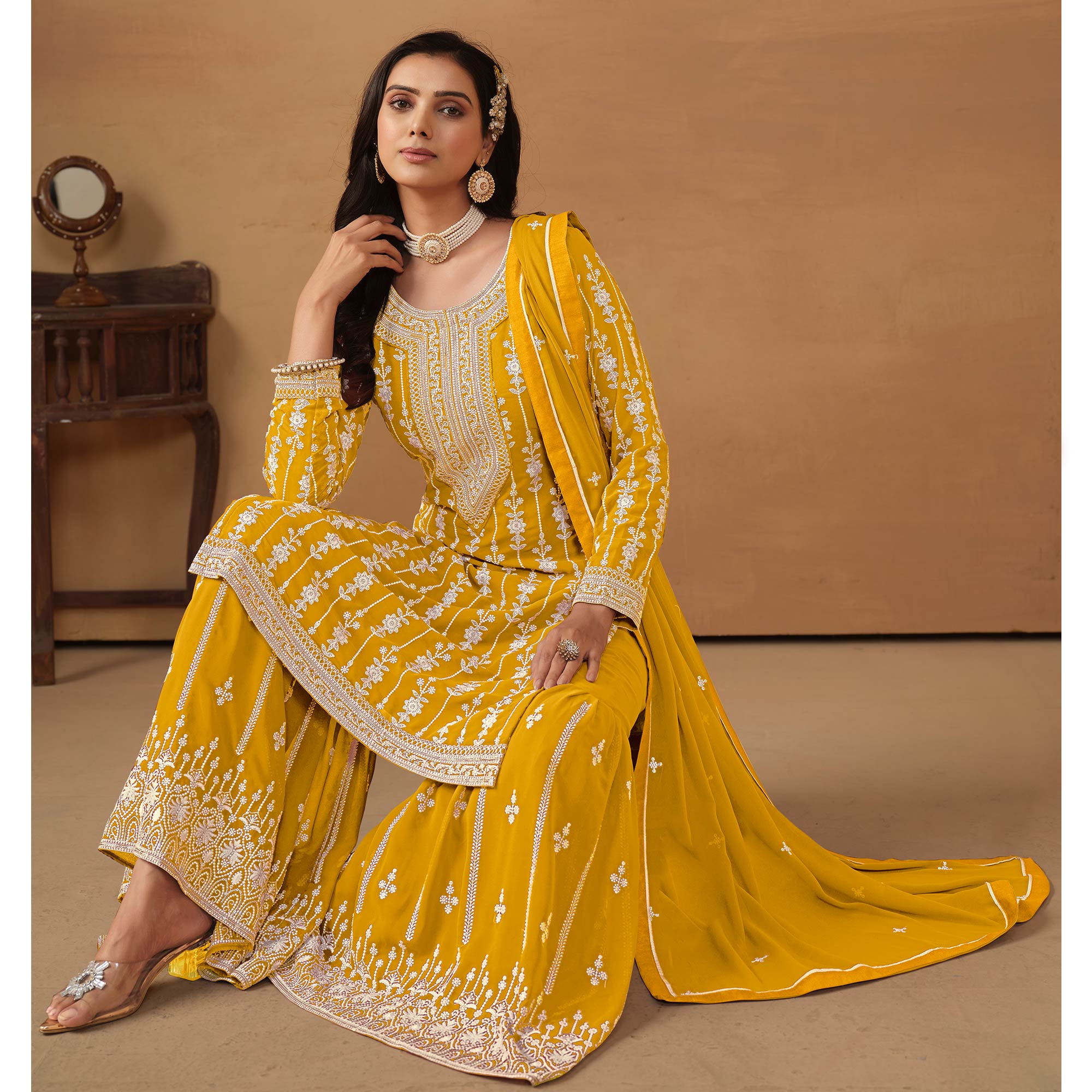 Yellow Floral Embroidered Georgette Semi Stithed Sharara Suit